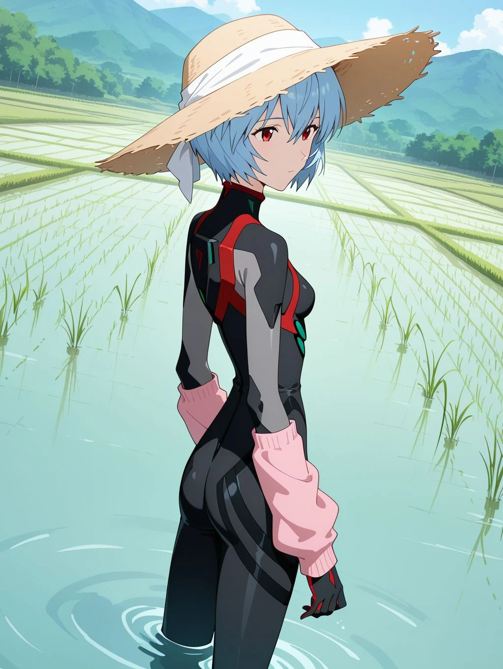 masterpiece, best quality, newest, absurdres, highres, detailed eyes, beautiful, detailed background, perfect eyes, anime coloring, anime screencap, 1girl, solo, ayanami rei, blue hair, short hair, hair between eyes, red eyes, small breasts, black bodysuit, pilot suit, straw hat, white head scarf, pink arm warmers, black plastic boots, expressionless, (from behind), dutch angle, cowboy shot, (outdoors, rice paddy, plant, rice, wading, working), <lora:rei_seva_illus-08:0.8>