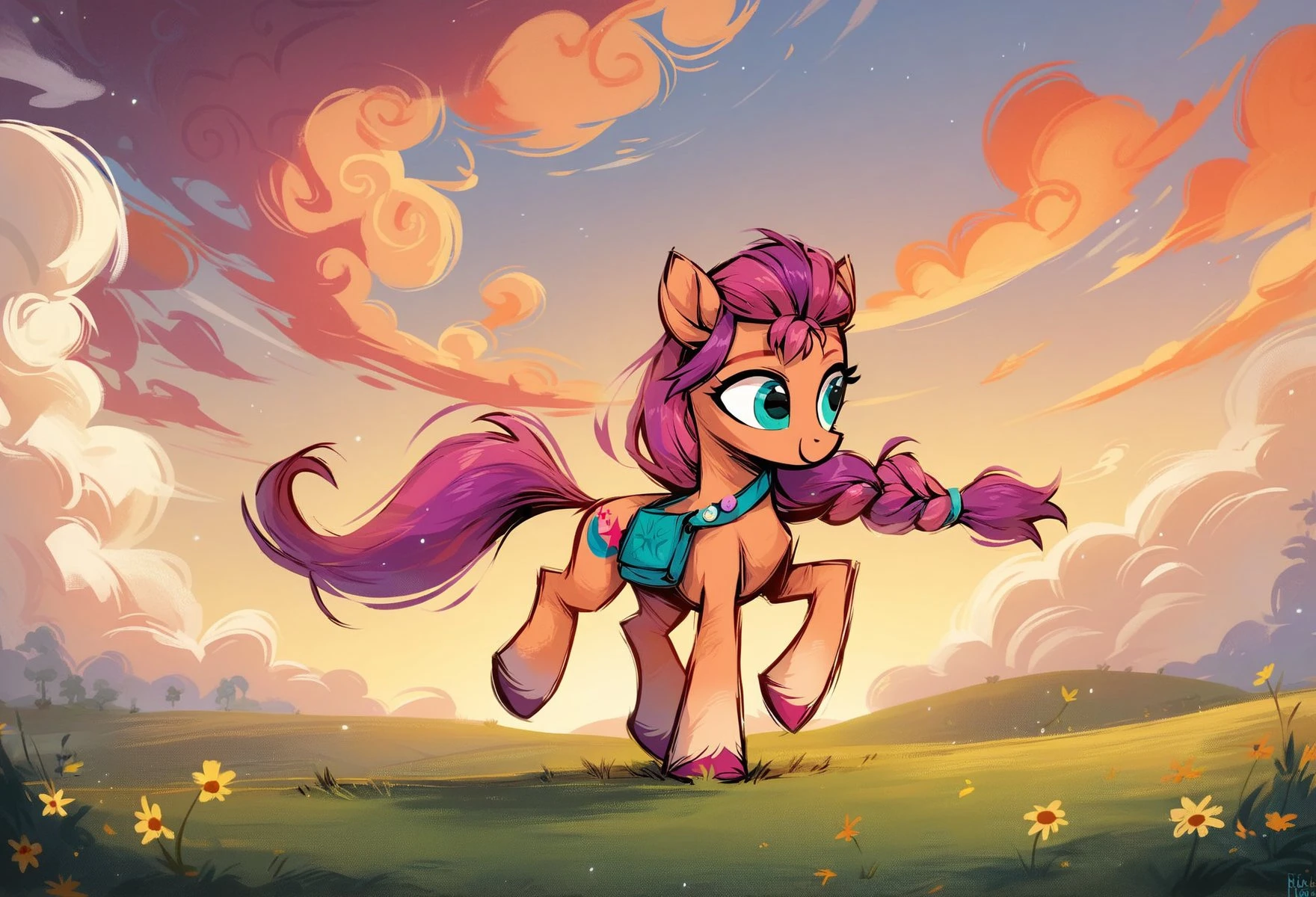 score_9, score_8_up, score_7_up, score_6_up, score_5_up, score_4_up, rating_safe, , female, mare
Sunny Starscout, pony, BIG FIELD, sunset, clouds, cheerful, looking away, detailed background, best quality, masterpiece, digital drawing
<lora:them_fighting_herds:1>TFH