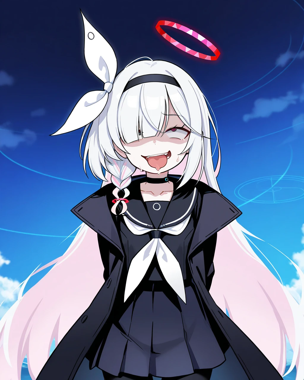 (masterpiece, best quality,novel illustration),
,1girl,solo,plana \(blue archive\),black eyes,long hair, white hair,braid,bow hairband,halo,choker,black serafuku,sailor collar,black long coat,skirt, black pantyhose,
.<lora:Ahegaokin_Illustrious:1>,ahegaokin, open_mouth, ahegao, tongue_out, rolling_eyes