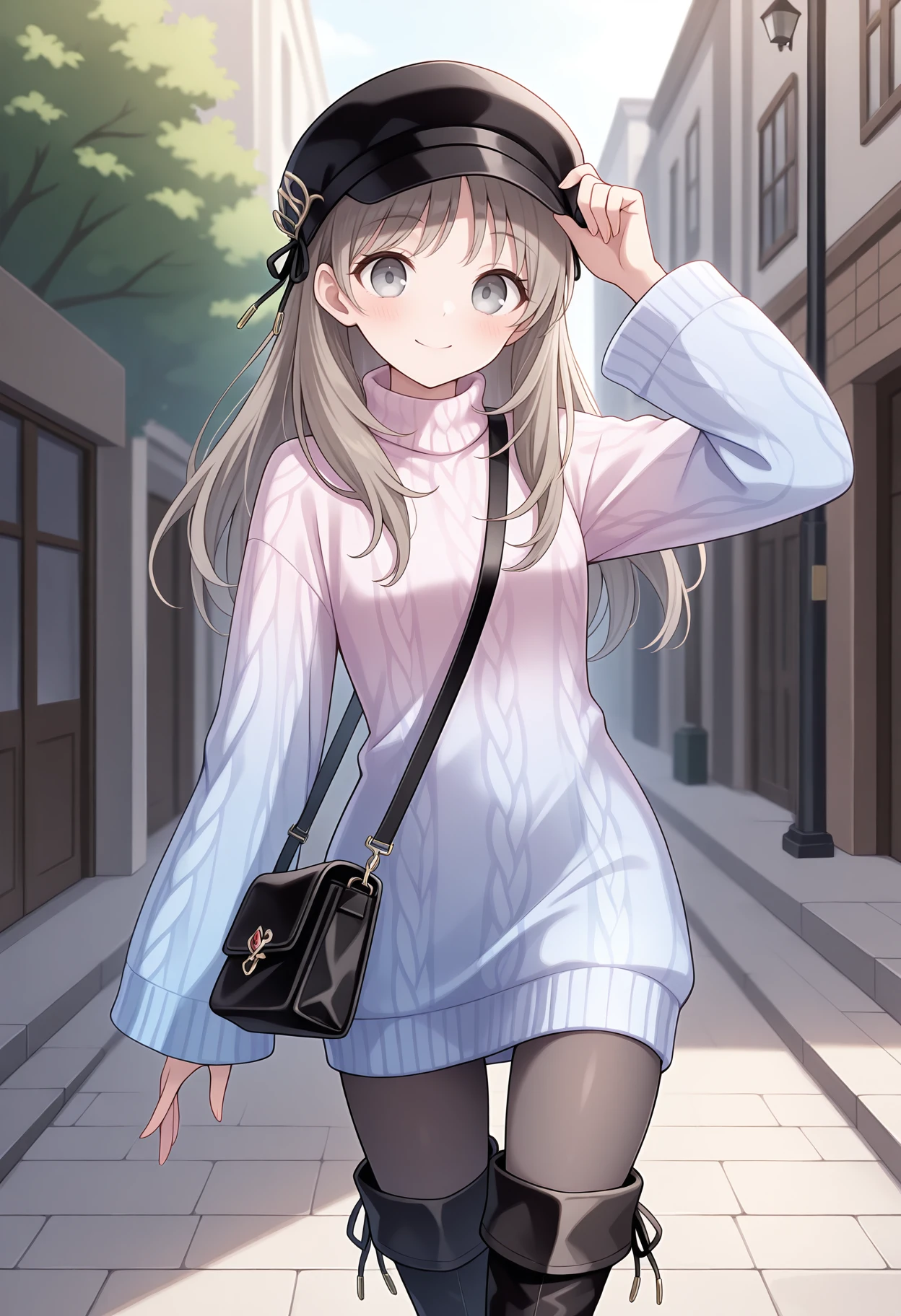highres, best quality, masterpiece, outdoors,
1girl, solo, attotori, light brown hair, long hair, grey eyes,
totorisa, beret, black headwear, sweater dress, gradient sweater, turtleneck, long sleeves, black handbag, pantyhose, thigh boots,
looking at viewer, blush, smile,
standing, hand on headwear, 
<lora:_totooria-helmold-elesico-ilxlAc-000011:1>