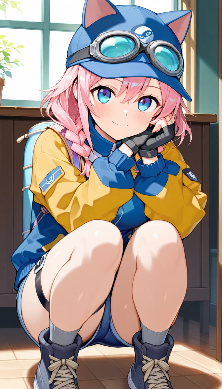 (masterpiece),best quality,amazing quality,very aesthetic,absurdres,newest,perfect body,shiny skin,perfect eyes,detail1eye,well-defined fingers,well-defined fingernails,anime style,indoors,1girl,solo,upper body,(portrait:1.5),looking at viewer,facing viewer,smile,blush,Asami Asami style,Steam Delivery Girl,cat hat,baseball cap,blue headwear,goggles on headwear,medium hair,pink hair,twin braids,hair over shoulder,hair between eyes,parted bangs,blue eyes,multicolored jacket,blue jacket,medium breasts,yellow sleeves,puffy long sleeves,black gloves,fingerless gloves,denim shorts,thigh strap,grey socks,sneakers,black footwear,<lora:Steam Delivery Girl(steam)-Illus:1.4>,<lora:Asami Asami[style]-Illus:1.4>,