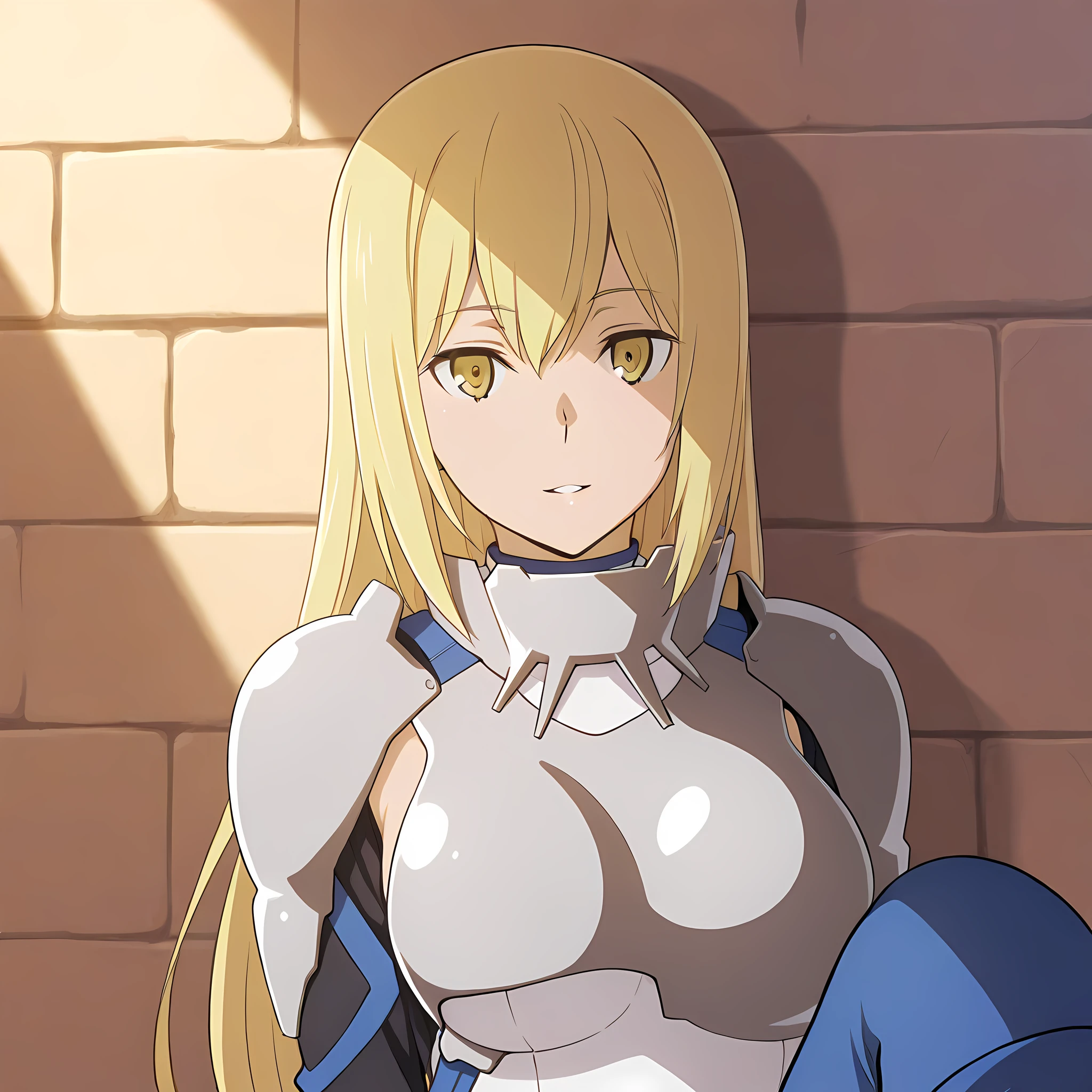 ais_wallenstein, defarmor, 1girl, solo, blonde hair, long hair, yellow eyes, boots, thighhighs, dark alleyway background, day, upper boy, smile, parted lips, armor, upper body, <lora:AisWallenstein-IllustriousXL:1>, (masterpiece),(best quality),(ultra-detailed),(best illustration),(best shadow),(absurdres),(detailed background),(very aesthetic),