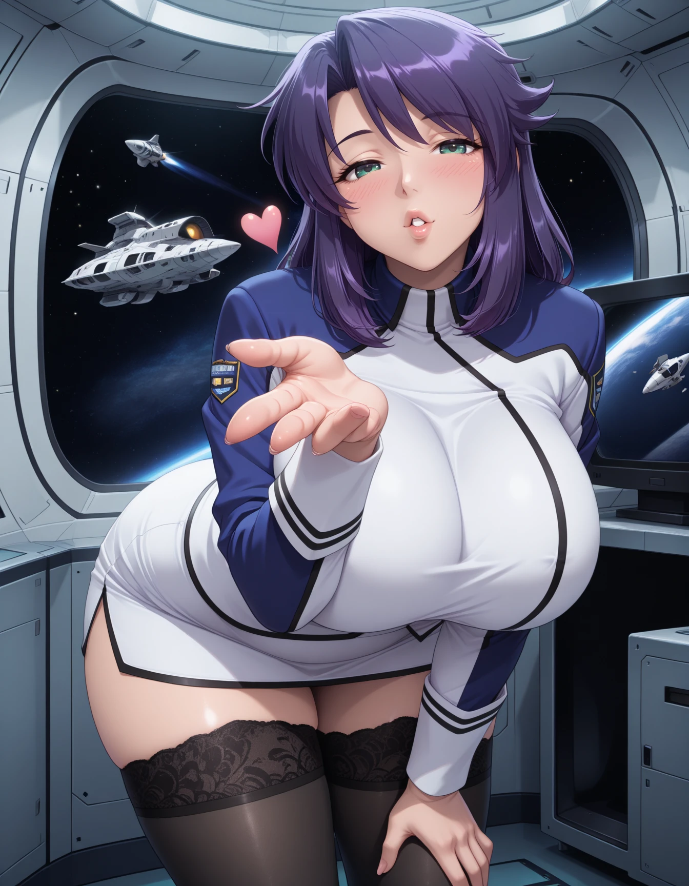 Haman Karn from Gundam、Space Cruiser Cockpit、Looking out the window with a sharp look、Not looking at the camera、Hairstyle with even ends、Small breasts、Slender、Slit skirt、Her clothes are open and her nipples are visible、Cool look、Masturbating in the seat、