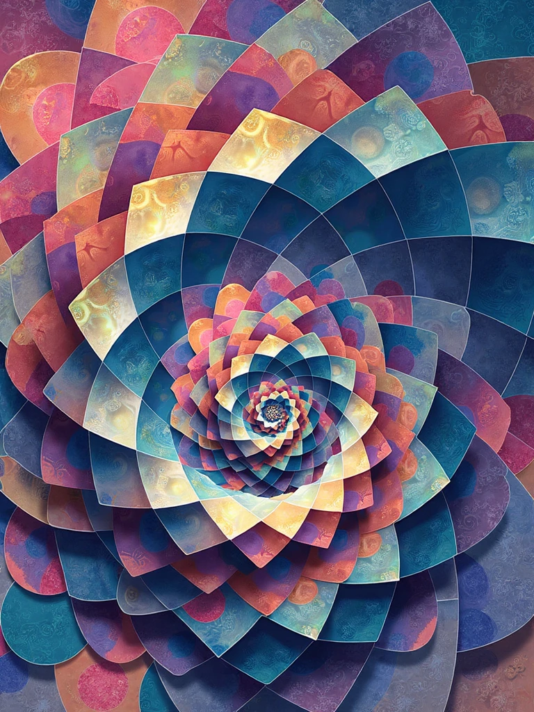 Illustrate a mesmerizing abstract composition featuring a vibrant mosaic of interlocking geometric shapes in a surreal, psychedelic fusion reminiscent of the op art movement. The central focal point is a colossal spiraling helix composed of iridescent polygons that seemingly warp and bend as they flow outward from a single origin. Surrounded by a kaleidoscopic pattern of concentric circles and chevrons, this mesmerizing vortex evokes a sense of movement and depth while maintaining a static two-dimensional form. The harmonious color palette oscillates between deep, rich hues and dazzling pastels, creating an emotional gradient that transcends the boundaries of visual perception, inviting viewers to become immersed in the dynamic interplay of light, color, and geometric forms.