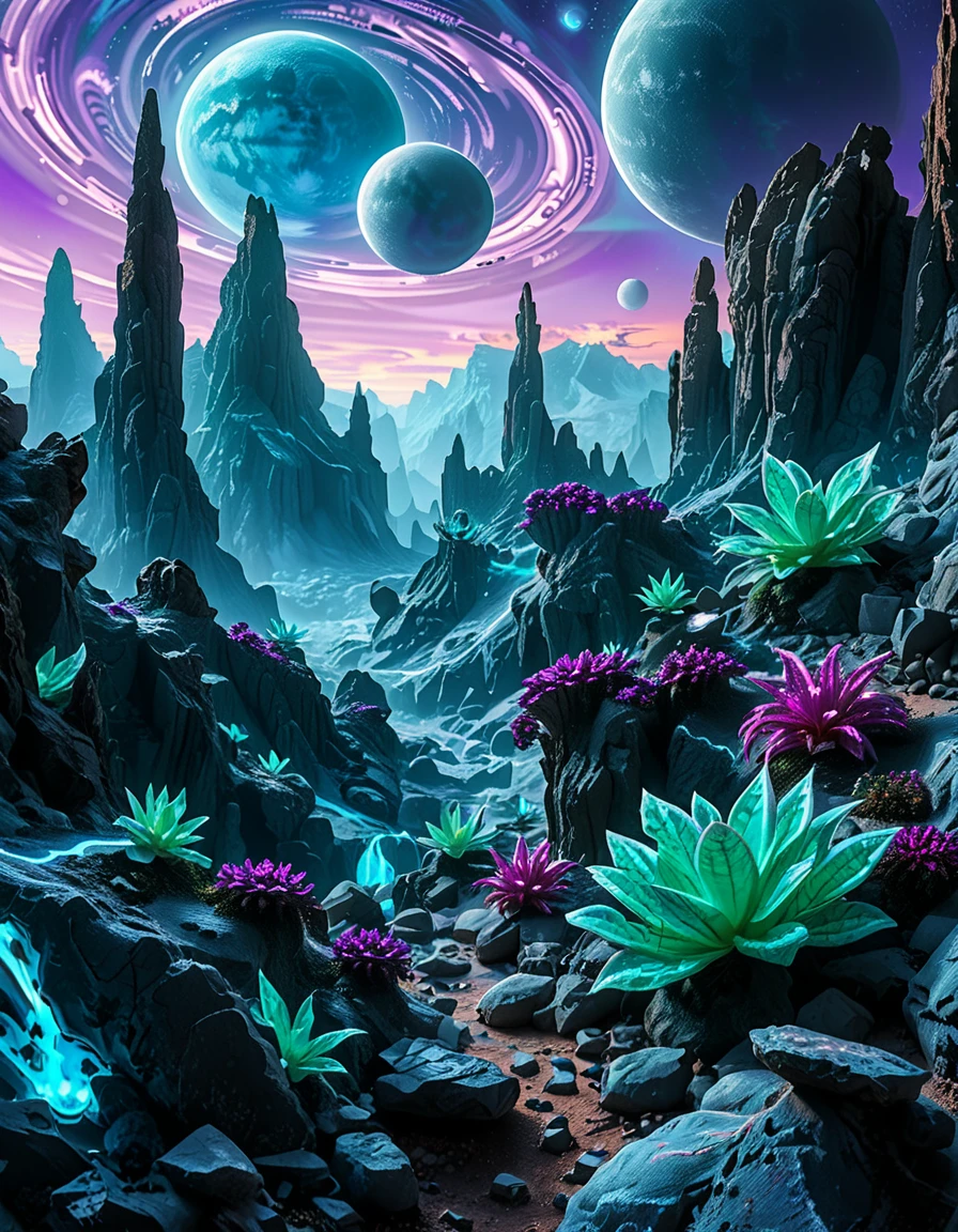 A breathtaking, high-resolution photograph of an alien planet with a surreal and otherworldly landscape. The sky is filled with two massive moons, casting an eerie glow over the terrain. Jagged rock formations, covered in bioluminescent moss, stretch across the horizon, glowing in shades of blue and purple. Strange, twisted plants with translucent leaves and pulsating veins grow from the cracked, iridescent soil. In the distance, towering crystalline mountains shimmer under the light of a distant red sun, their peaks enveloped in a misty, ethereal haze. The air is thick with floating luminescent spores, drifting like tiny fireflies. Rivers of liquid metal carve through the landscape, reflecting the vibrant alien sky. The atmosphere is a mix of neon blues, purples, and greens, creating a mesmerizing and futuristic scene, as if taken from the surface of a newly discovered exoplanet.
<lora:SDXLFaeTastic2400:0.4> <lora:extremely_detailed:0.4> extremely detailed,<lora:alien_pl4n3t:1>,alien pl4n3t