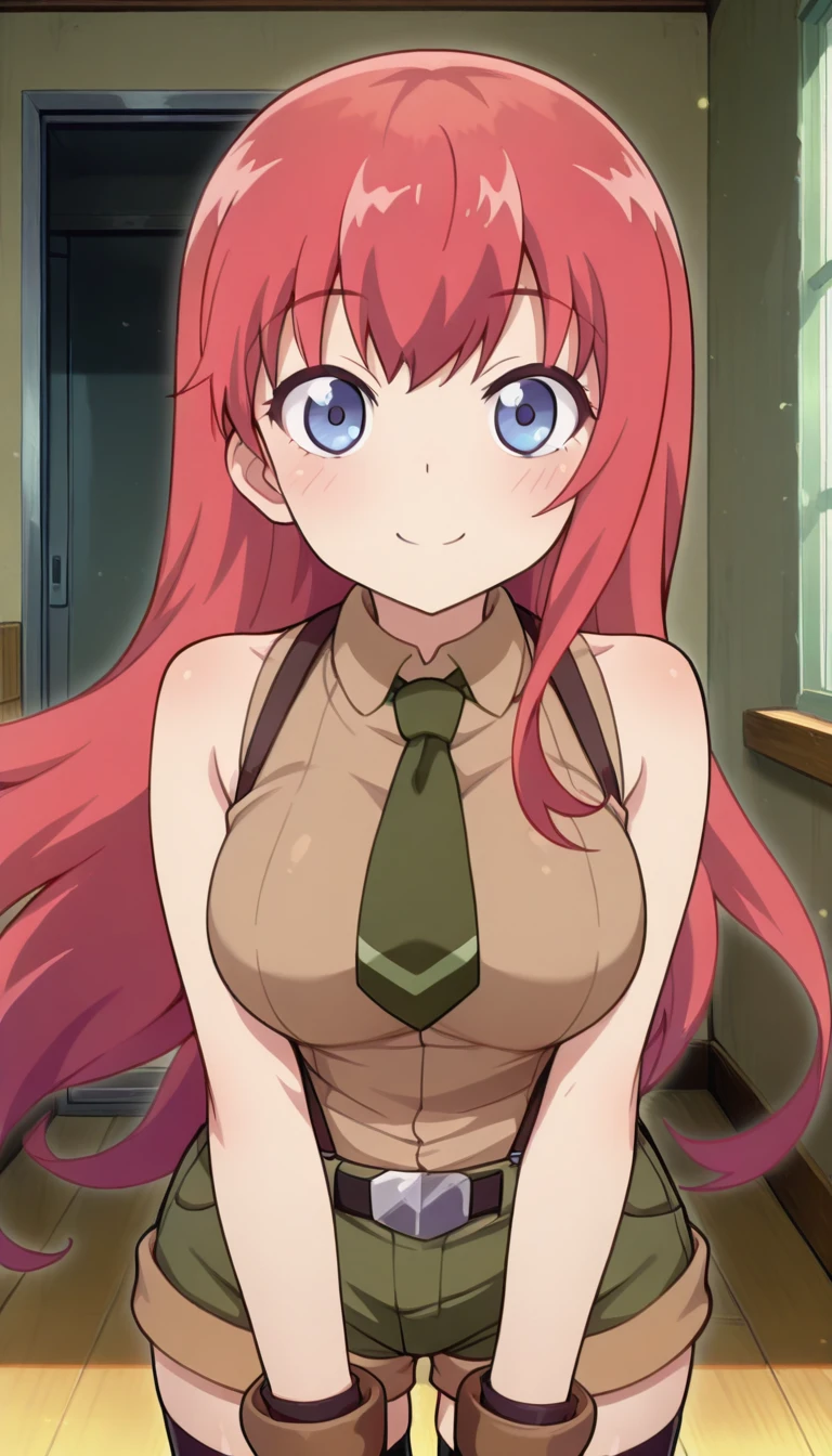 (masterpiece),best quality,amazing quality,very aesthetic,absurdres,newest,perfect body,shiny skin,perfect eyes,detail1eye,well-defined fingers,well-defined fingernails,anime style,indoors,1girl,solo,upper body,(portrait:1.5),looking at viewer,facing viewer,smile,blush,Gabriel Dropout Anime style,Novice female,Novice female uniform,very long hair,pink hair,floating hair,bangs,blue eyes,collared shirt,sleeveless shirt,beige shirt,large breasts,dark green necktie,bare arms,fingerless gloves,black belt,suspender shorts,green shorts,short shorts,shorts rolled up,zettai ryouiki,black thighhighs,boots,<lora:TNT-Novice female(tnt)-Illus:1.6>,<lora:Gabriel Dropout Anime[style]-Illus:1.6>,