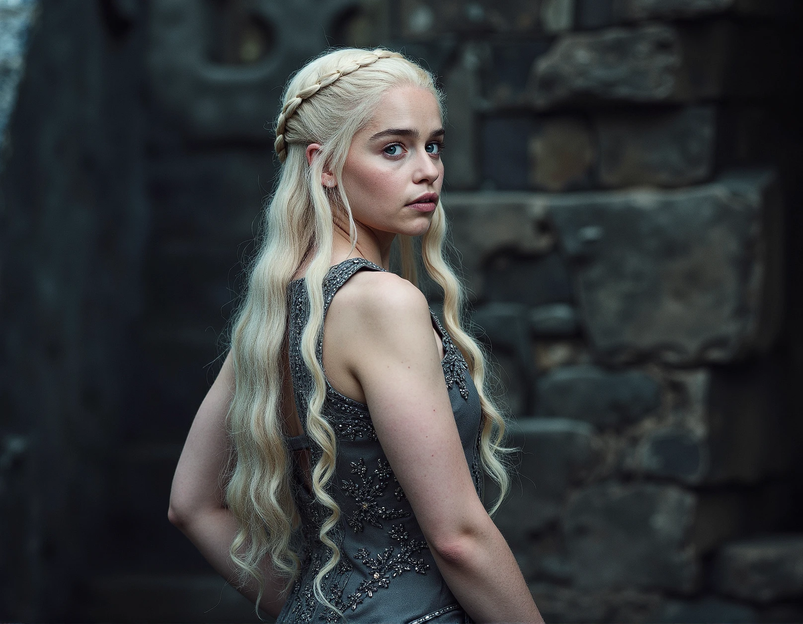 Breathtaking photography of ohwx, A close-up portrait of a female character, likely from a fantasy or historical setting. She has long, wavy blonde hair styled in a half-up, half-down braid. She wears a sleeveless, intricate gray dress with a cut-out design on the back. The dress has a high neckline and a pleated skirt. The character is shown in a side profile, looking directly at the camera with a serious expression. The background is a dimly lit, stone-like structure, possibly a castle or fortress. The color palette is muted, with the gray of her dress contrasting against the darker tones of the surroundings., looking at viewer, eyelashes, fine hair detail, entire hairstyle visible, perfect eyes with iris pattern, sensual lips, nose, (perfectly sharp:1.3), realistic textures, (deep focus:1.5), 8k uhd, dslr, ultra high quality image, film grain, Fujifilm XT3