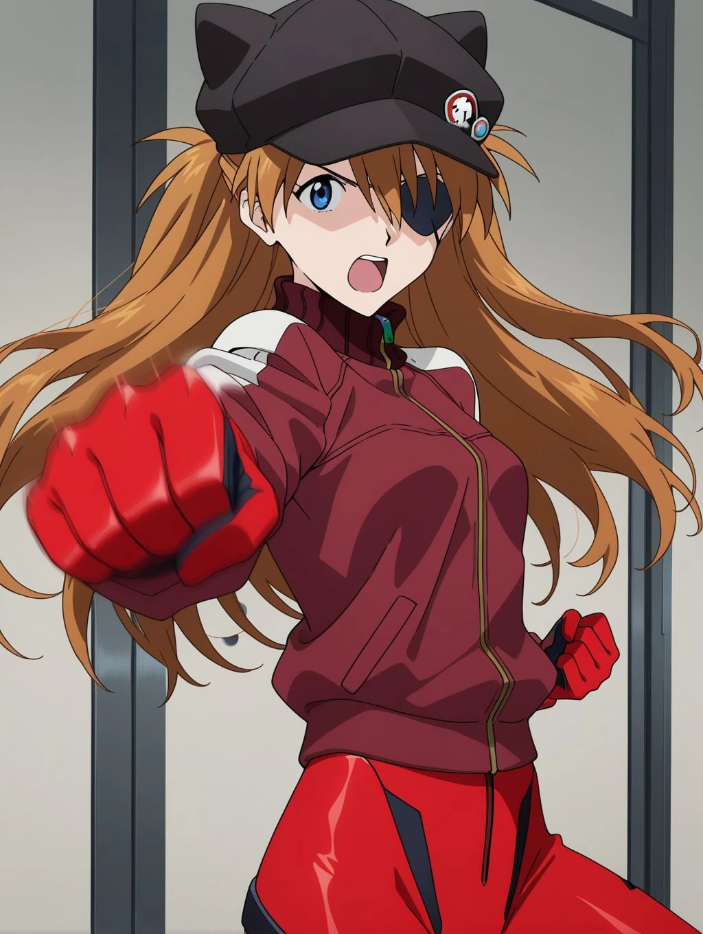 masterpiece, best quality, newest, absurdres, highres, detailed eyes, beautiful, detailed background, perfect eyes, anime coloring, anime screencap, 1girl, solo, shikinami asuka langley, brown hair, long hair, bangs, eyepatch, blue eye, small breasts, hat, animal ears, track jacket, long sleeves, red bodysuit, pilot suit, looking at viewer, serious, shaded face, incoming attack, punching, clenched hand, open mouth, shouting, (motion lines, motion blur), (indoors), <lora:asuka_seva_illus-05:0.8>