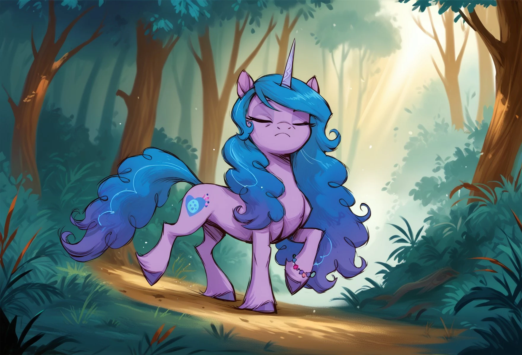 score_9, score_8_up, score_7_up, score_6_up, score_5_up, score_4_up, rating_safe, , female, mare
Izzy Moonbow, WALKING THROUGH THE TWILIGHT FOREST, BEAUTIFUL, FUNNY, EYES CLOSED detailed background, best quality, masterpiece, digital drawing
<lora:them_fighting_herds:1>TFH <lora:Wholesome-MLP-v1.4b:1>