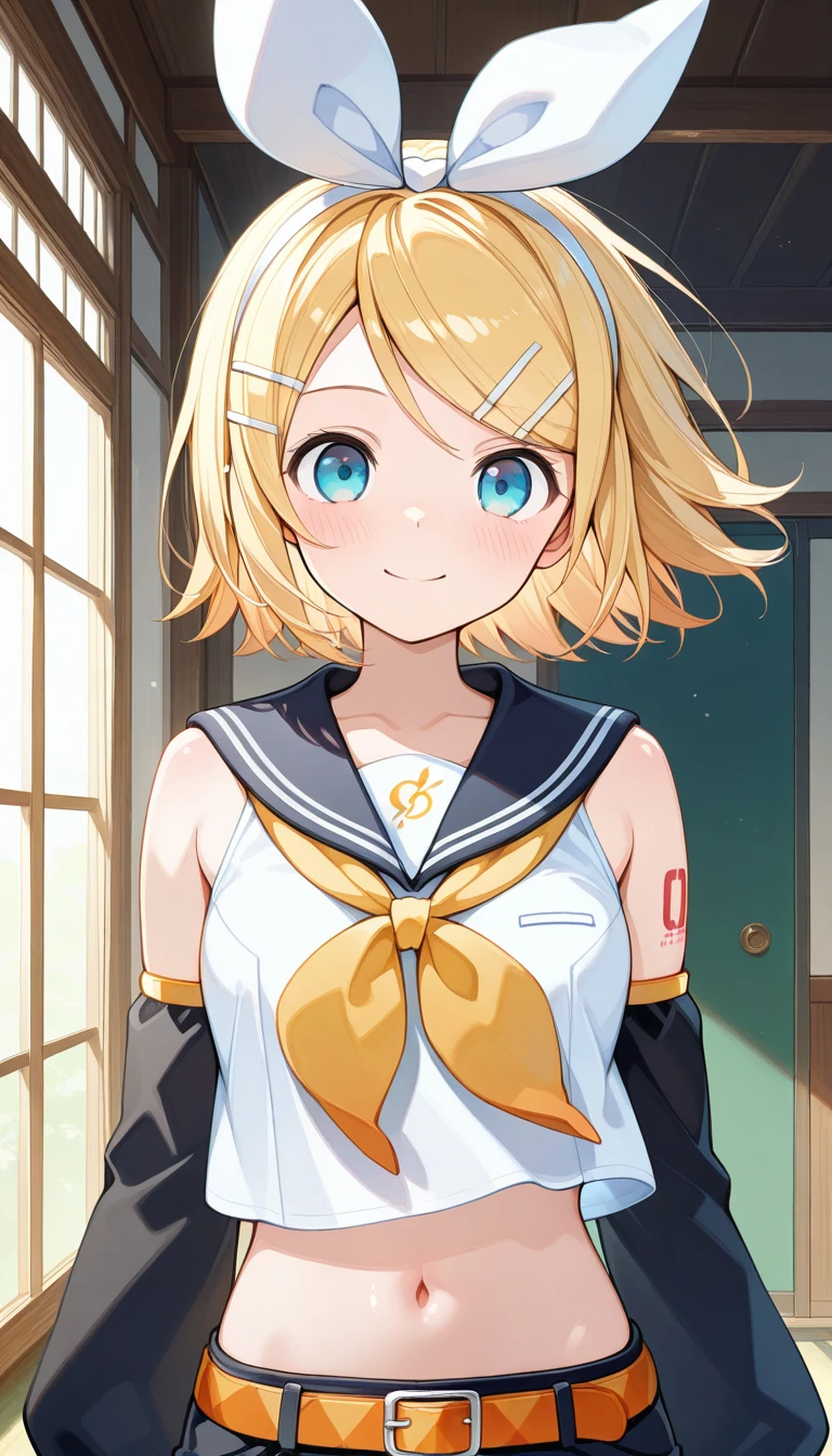 (masterpiece),best quality,amazing quality,very aesthetic,absurdres,newest,perfect body,shiny skin,perfect eyes,detail1eye,well-defined fingers,well-defined fingernails,anime style,indoors,1girl,solo,upper body,(portrait:1.5),looking at viewer,facing viewer,smile,blush,Asami Asami style,kagamine rin,short hair,blonde hair,floating hair,white hairband,hair bow,white bow,hairclip,swept bangs,blue eyes,collarbone,bare shoulders,black sailor collar,white shirt,sleeveless shirt,crop top,midriff,yellow neckerchief,black sleeves,detached sleeves,medium breasts,navel,stomach,orange belt,fringe,short shorts,black shorts,leg warmers,white footwear,<lora:Kagamine Rin(voc)-Illus-Remake:1.8>,<lora:Asami Asami[style]-Illus:1.6>,