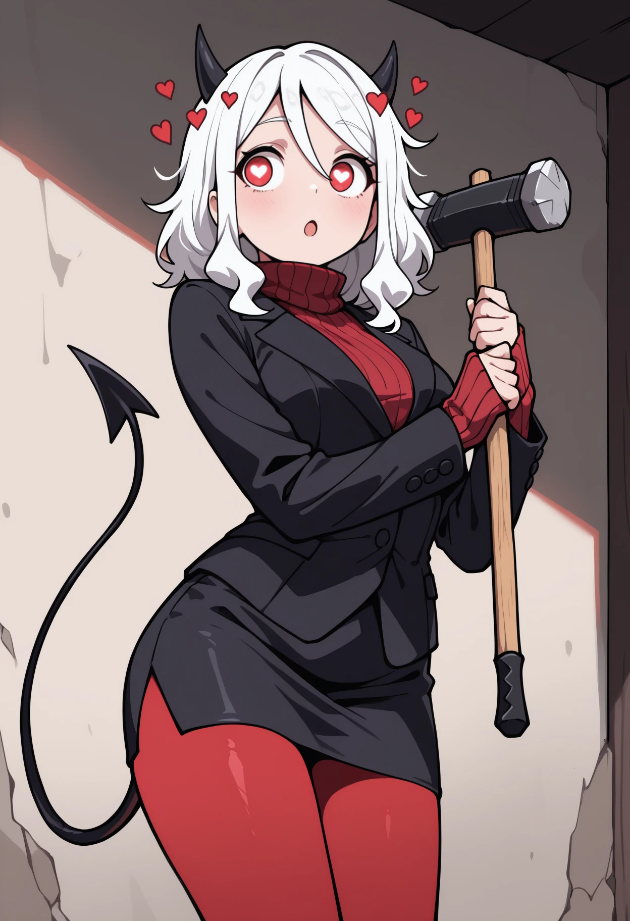 masterpiece, best quality, newest, solo, 1girl, mod3us, demon tail, :o, looking to the side, standing, holding hammer, sledgehammer, two-handed, medium hair, white hair, hair between eyes, black horns, demon horns, red eyes, heart-shaped pupils, black suit, black jacket, long sleeves, red sweater, ribbed sweater, turtleneck sweater, sleeves past wrists, black skirt, pencil skirt, red pantyhose
<segment:yolo-Anzhc Face seg 640 v2 y8n.pt,0.4,0.5//cid=1>