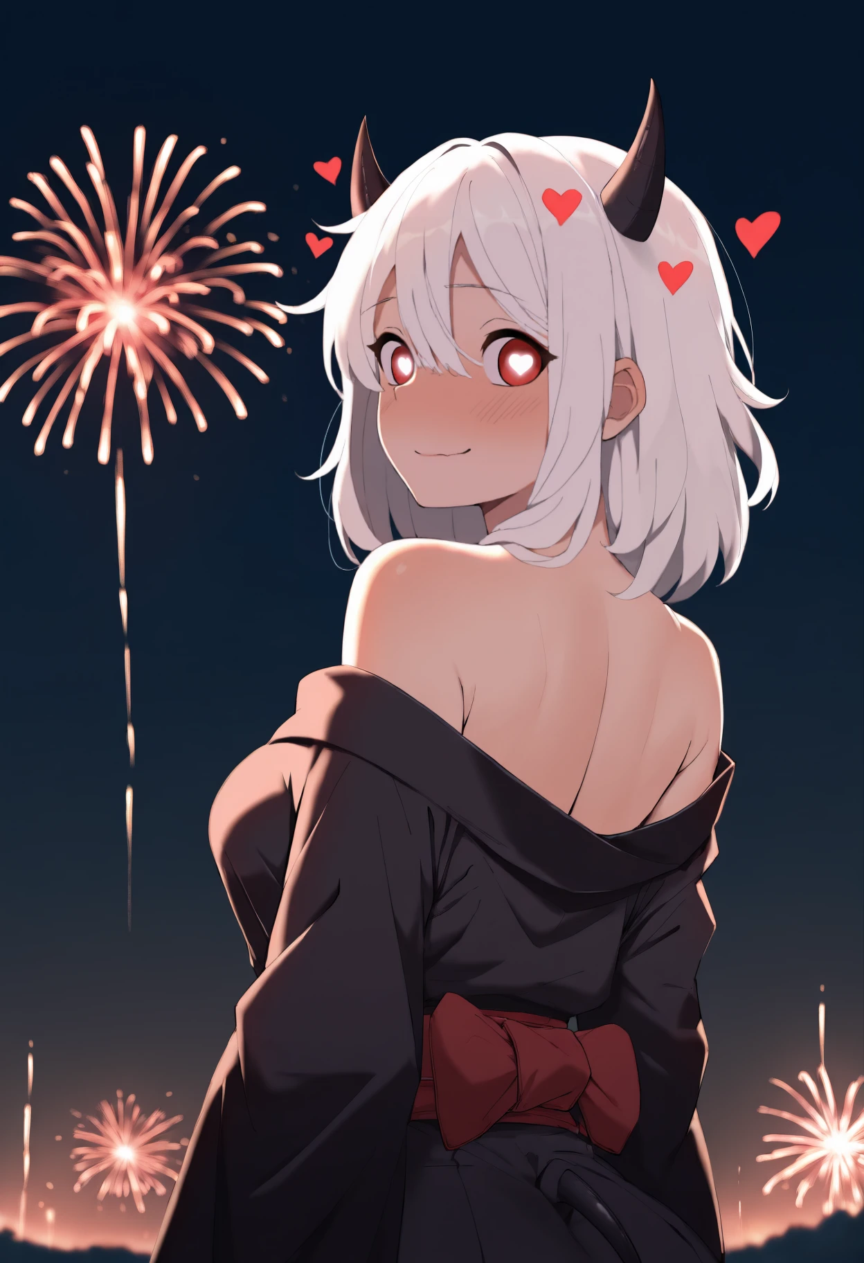anime, masterpiece, best quality, newest, from behind, solo, 1girl, mod3us, demon tail, slight smile, looking back, medium hair, white hair, hair between eyes, black horns, demon horns, red eyes, heart-shaped pupils, japanese clothes, black kimono, off shoulder, red sash, bare shoulders, outdoors, night, fireworks
<segment:yolo-face_yolov8m.pt,0.4,0.5//cid=1>