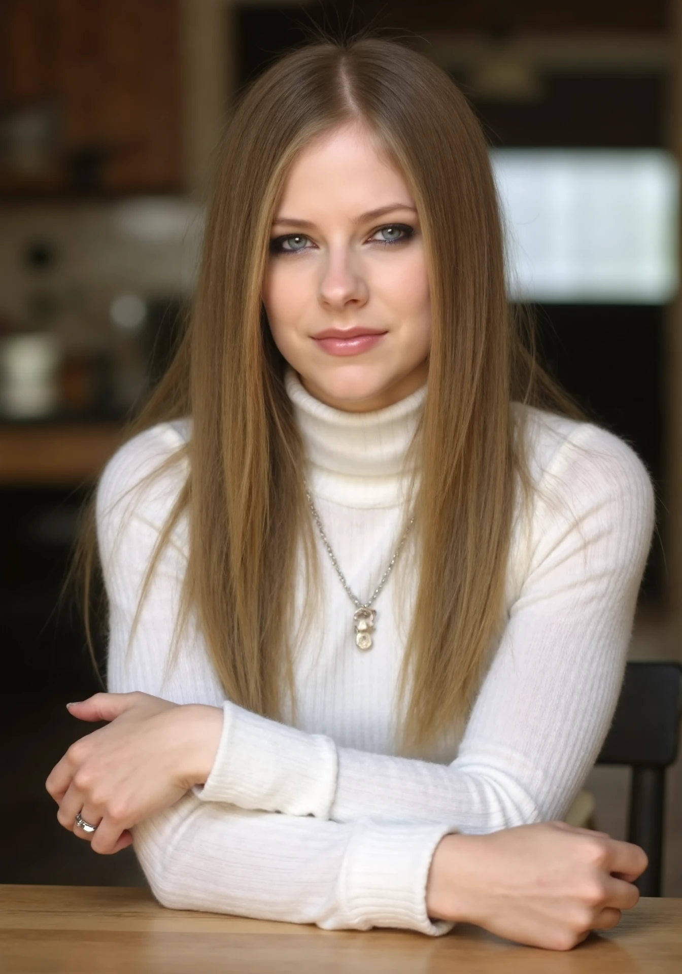 avril, A woman sitting at a kitchen table, wearing a snug, ribbed white wool turtleneck sweater. The image captures her head and upper body, emphasizing the cozy texture of the sweater. Her posture is relaxed yet poised, with soft natural lighting accentuating the warmth of the setting. The kitchen in the background is slightly blurred, creating depth while keeping the focus on her expression and attire