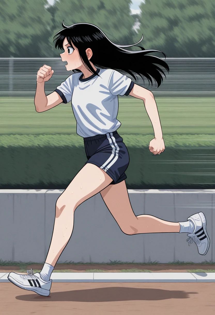 <lora:gin-eiji style illustrious v1.0:1> gineiji, white scelera, black hair, black eyes, long hair, running, from side, arm apart, speed lines, wind,, masterpiece, best quality, amazing quality, very aesthetic, absurdres, newest,, score_9, score_8_up, score_7_up, score_6_up, 1girl, solo, solo focus, female focus, one character in picture, solo in picture, sport bra, sport short, sweat, sport shoes, running shoes, running outfit, short, shirt, ,outdoors, garden, soft lighting, backyard