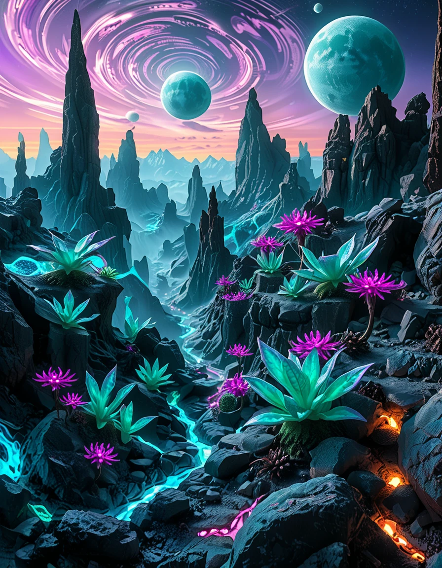 A breathtaking, high-resolution photograph of an alien planet with a surreal and otherworldly landscape. The sky is filled with two massive moons, casting an eerie glow over the terrain. Jagged rock formations, covered in bioluminescent moss, stretch across the horizon, glowing in shades of blue and purple. Strange, twisted plants with translucent leaves and pulsating veins grow from the cracked, iridescent soil. In the distance, towering crystalline mountains shimmer under the light of a distant red sun, their peaks enveloped in a misty, ethereal haze. The air is thick with floating luminescent spores, drifting like tiny fireflies. Rivers of liquid metal carve through the landscape, reflecting the vibrant alien sky. The atmosphere is a mix of neon blues, purples, and greens, creating a mesmerizing and futuristic scene, as if taken from the surface of a newly discovered exoplanet.
<lora:SDXLFaeTastic2400:0.4> <lora:extremely_detailed:0.4> extremely detailed,<lora:alien_pl4n3t:1>,alien pl4n3t