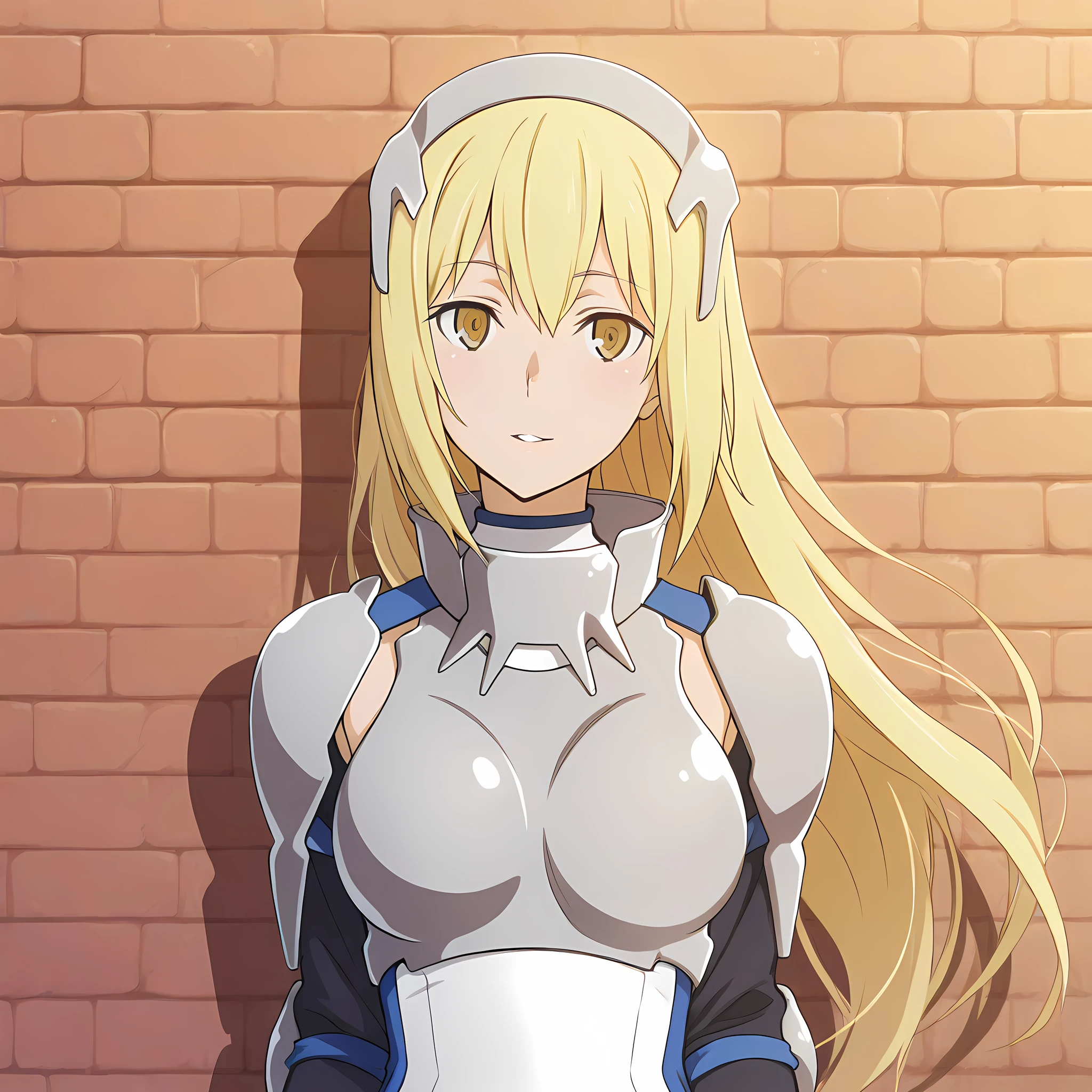 ais_wallenstein, defarmor, 1girl, solo, blonde hair, long hair, yellow eyes, boots, thighhighs, dark alleyway background, day, upper boy, smile, parted lips, armor, upper body, <lora:AisWallenstein-IllustriousXL:1>, (masterpiece),(best quality),(ultra-detailed),(best illustration),(best shadow),(absurdres),(detailed background),(very aesthetic),