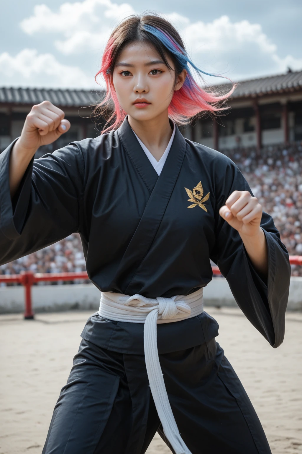 score_9, score_8_up, score_7_up, realistic, photorealistic, kawaii,
1girl,((korean woman,korean girl)),beautiful face,lips, multicolored hair,martial arts uniform under black robe,cowboy shot,  cloud city,fighting pose,depth of field,