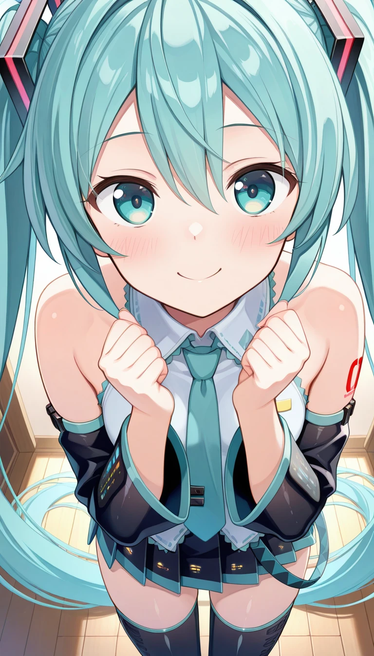 (masterpiece),best quality,amazing quality,very aesthetic,absurdres,newest,perfect body,shiny skin,perfect eyes,detail1eye,well-defined fingers,well-defined fingernails,anime style,indoors,1girl,solo,upper body,(portrait:1.5),looking at viewer,facing viewer,smile,blush,Asami Asami style,hatsune miku,absurdly long hair,aqua hair,twintails,hair ornament,sidelocks,hair between eyes,parted bangs,aqua eyes,white shirt,collared shirt,bare shoulders,sleeveless shirt,aqua necktie,detached sleeves,black sleeves,shoulder tattoo,fringe,black thighhighs,miniskirt,pleated skirt,zettai ryouiki,thigh boots,<lora:Hatsune Miku(voc)-Illus-Remake:1.8>,<lora:Asami Asami[style]-Illus:1.6>,