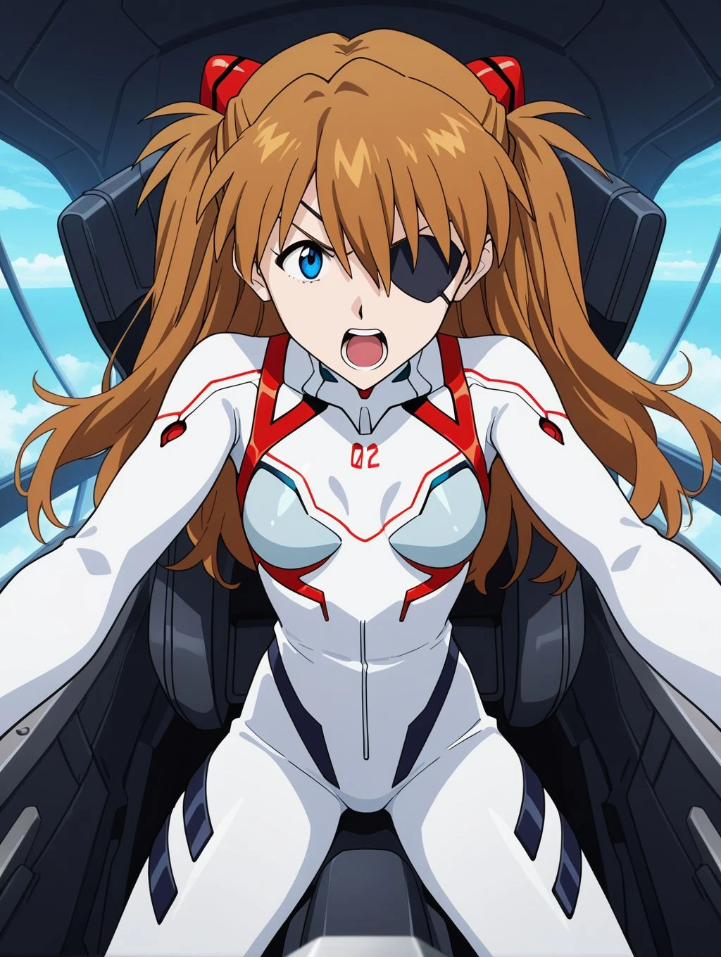 masterpiece, best quality, newest, absurdres, highres, detailed eyes, beautiful, detailed background, perfect eyes, anime coloring, anime screencap, 1girl, solo, shikinami asuka langley, brown hair, long hair, two side up, hair ornament, bangs, eyepatch, blue eye, small breasts, white bodysuit, pilot suit, looking at viewer, serious, open mouth, shouting, (indoors, cockpit, glowing eyepatch), <lora:asuka_seva_illus-05:0.8>
