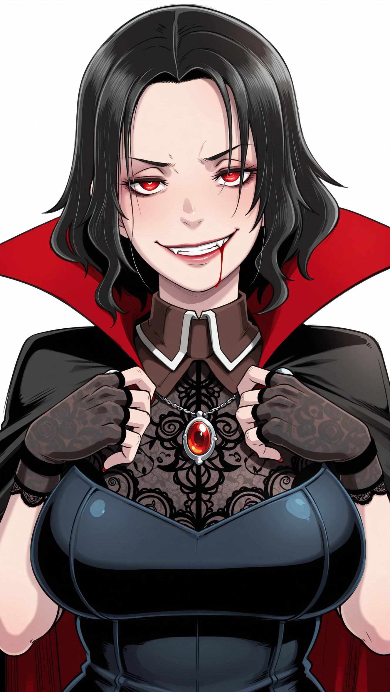 masterpiece, best quality, amazing quality, intricate details, uncensored, butcha-u-style, 1girl, solo, vampire, pale skin, short hair, black hair, red eyes, makeup, blood from mouth, fangs, large breasts, jewelry, brooch, high collar, solo, looking at viewer, upper body, hand on chest, simple background, white background