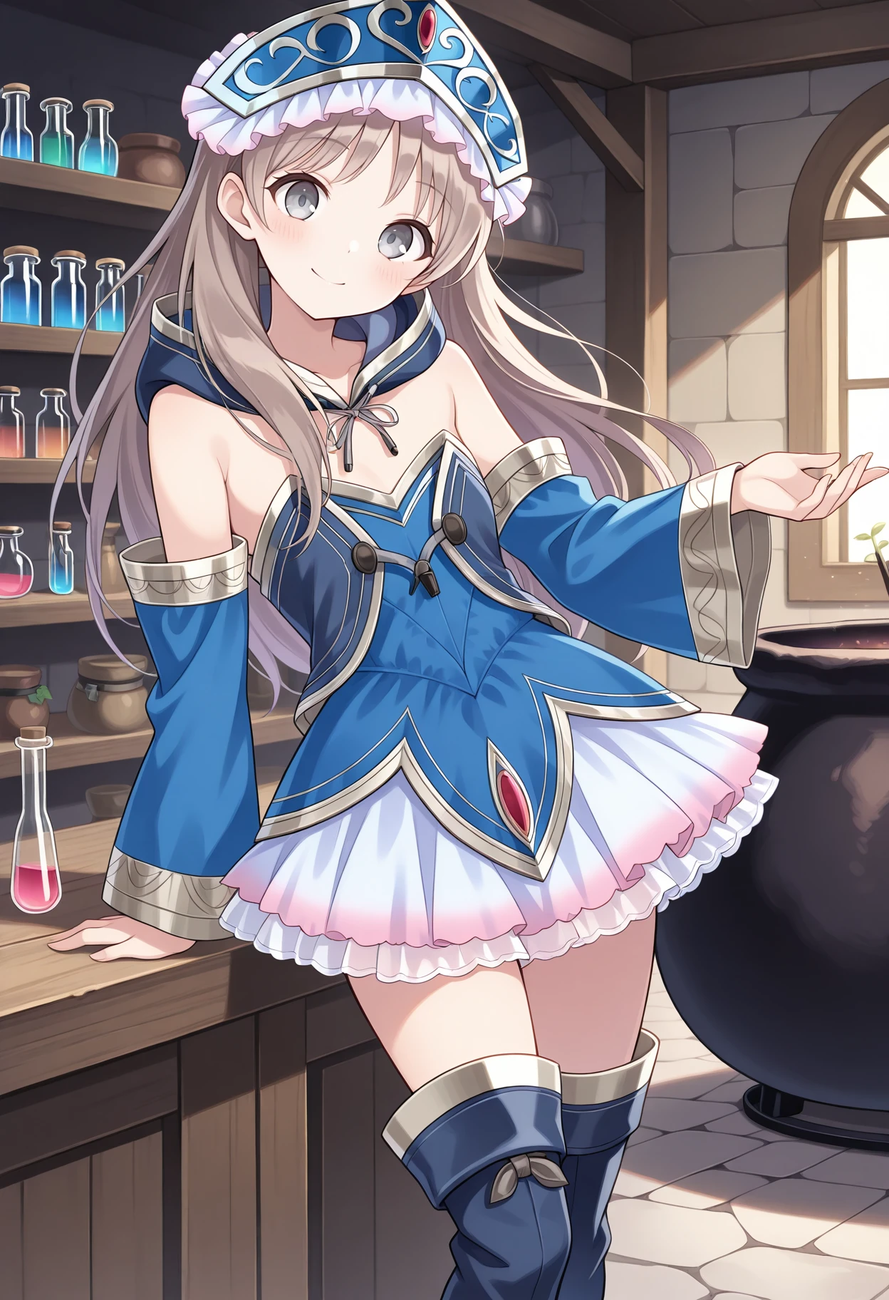 highres, best quality, masterpiece, indoors, cauldron, vial, shelf,
1girl, solo, attotori, light brown hair, long hair, grey eyes,
totoriblu, blue headdress, hood down, detached hood, drawstring, blue dress, bare shoulders, strapless, blue sleeves, detached sleeves, gradient skirt, white skirt, layered skirt, zettai ryouiki, blue thighhighs, thigh boots,
looking at viewer, blush, smile,
standing, arm support, head tilt,
<lora:_totooria-helmold-elesico-ilxlAc-000011:1>