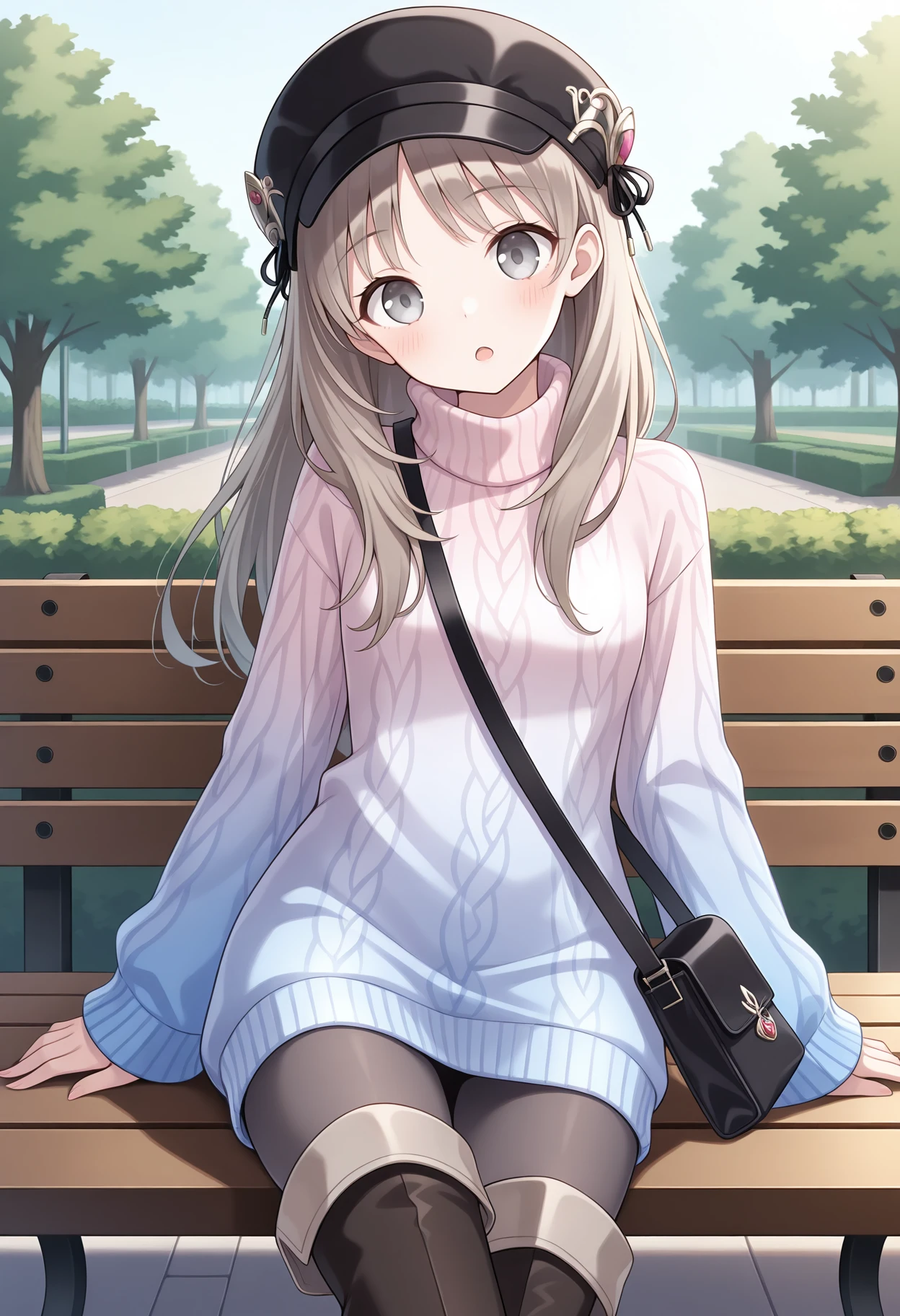 highres, best quality, masterpiece, outdoors, park, bench,
1girl, solo, attotori, light brown hair, long hair, grey eyes,
totorisa, beret, black headwear, sweater dress, gradient sweater, turtleneck, long sleeves, black handbag, pantyhose, thigh boots,
looking at viewer, blush, head tilt,
open mouth, sitting,
<lora:_totooria-helmold-elesico-ilxlAc-000011:1>