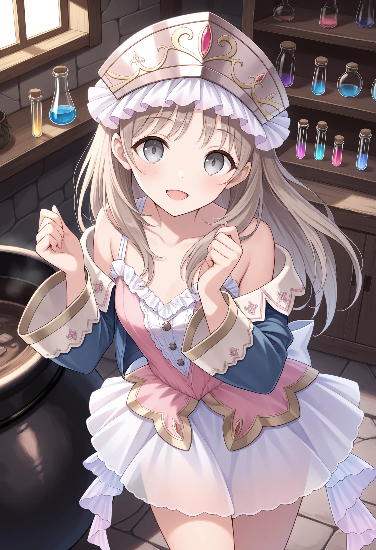 highres, best quality, masterpiece, indoors, cauldron, vial, shelf,
1girl, solo, attotori, light brown hair, long hair, grey eyes,
totoridef, headdress, pink dress, collarbone, white straps, bare shoulders, blue jacket, off-shoulder jacket, frilled shirt, white skirt, back bow, white ribbon, thighs, 
looking at viewer, blush, smile,
standing, hands up, open mouth, from above,
<lora:_totooria-helmold-elesico-ilxlAc-000011:1>