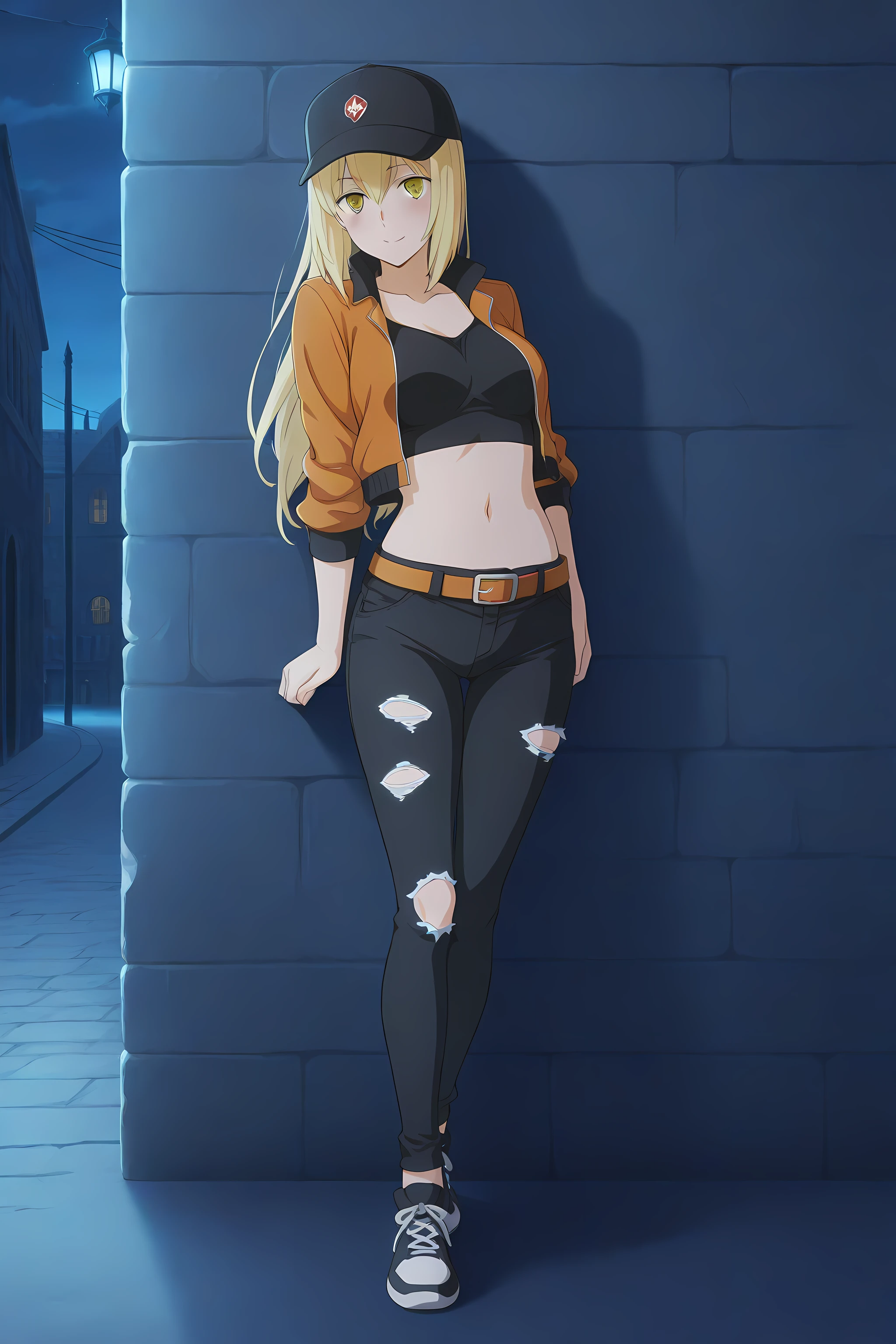 ais_wallenstein, 1girl, solo, blonde hair, hat, torn clothes, navel, jacket, pants, yellow eyes, full body, baseball cap, torn pants, belt, shoes, midriff, looking at viewer, night, dark alleyway background, leaning on the wall, smile, <lora:AisWallenstein-IllustriousXL:1>, (masterpiece),(best quality),(ultra-detailed),(best illustration),(best shadow),(absurdres),(detailed background),(very aesthetic),