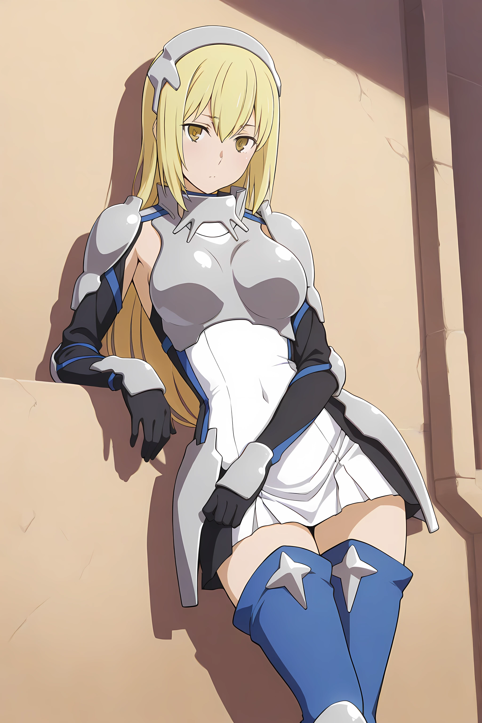 score_9, score_8_up, score_7_up, score_6_up, score_5_up, score_4_up, source_anime, anime screencap, anime coloring, kikoru, 1girl, blonde hair, twintails, green eyes, hair ribbon, black ribbon, bangs, bodysuit, armor, upper body, smile, room, bed, indoors, blush, grab breasts, holding breasts, cleavage, looking at viewer, undressing, navel, sitting