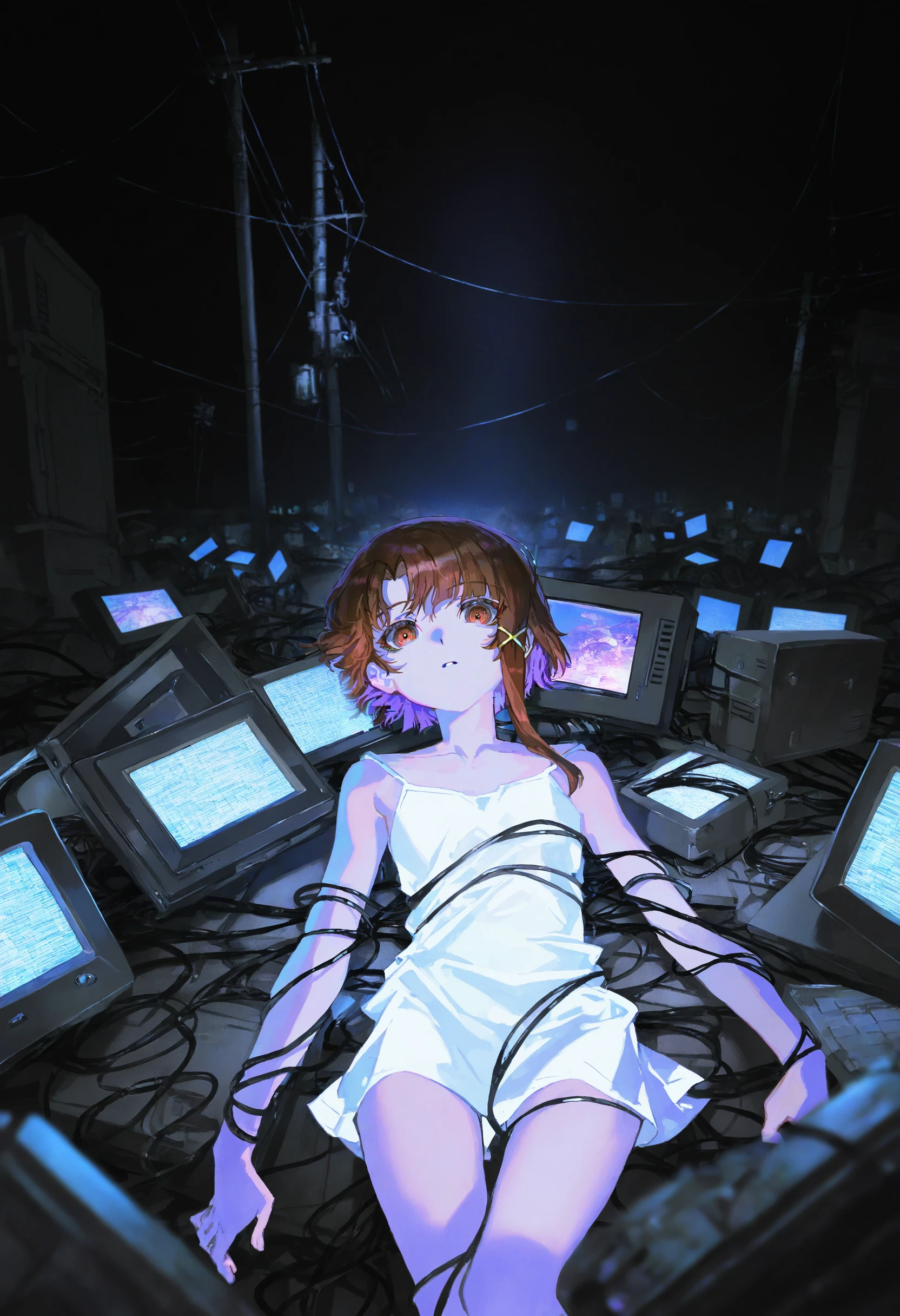 artist:[yoneyama mai|quasarcake],
1girl, iwakura lain, solo, thigh gap , dark background, cable, looking at viewer, pile, spaghetti strap , utility pole, wire, monitor, entangled, digital rain, wide shot, white camisole, negative space, cinematic shot, science fiction, matrix, code, digital, computer, glitch, covered in wire, dark, spot color, ultraviolet light, on back,
masterpiece, best quality, very awa, absurdres
<lora:noobai_vpred_1_masterpieces_v23:1>
