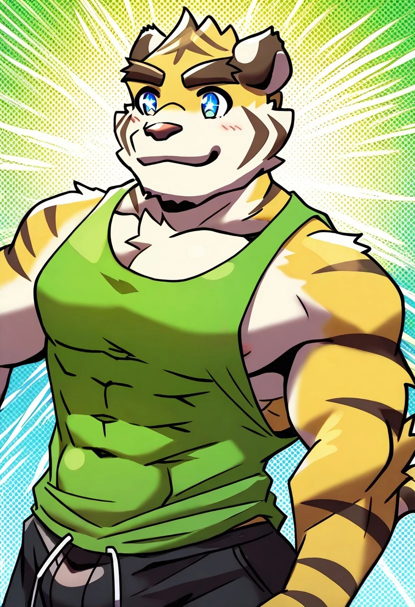 White fur tiger, coach, muscular, with white tail, sleeveless shirt, with a chain necklace