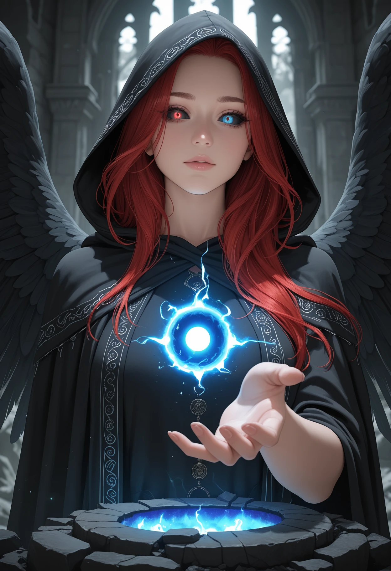 masterpiece, best quality, newest, absurdres, highres, photorealistic, (nsfw, explicit:0.7),
1girl, solo, red hair, long hair, detailed eyes, multicolored eyes, heterochromia, black sclera, red eyes, blue eyes, eyebrows, eyelashes,
hooded cloak, decorated clothes, black feathered wings, big wings,
standing before portal, (glowing portal:1.2), hand reaching out, swirling magic energy, ancient stone archway, runic symbols, dark ruins, intricate details,
looking at viewer,
close-up, from side, (blurry background, depth of field, bokeh:0.9)