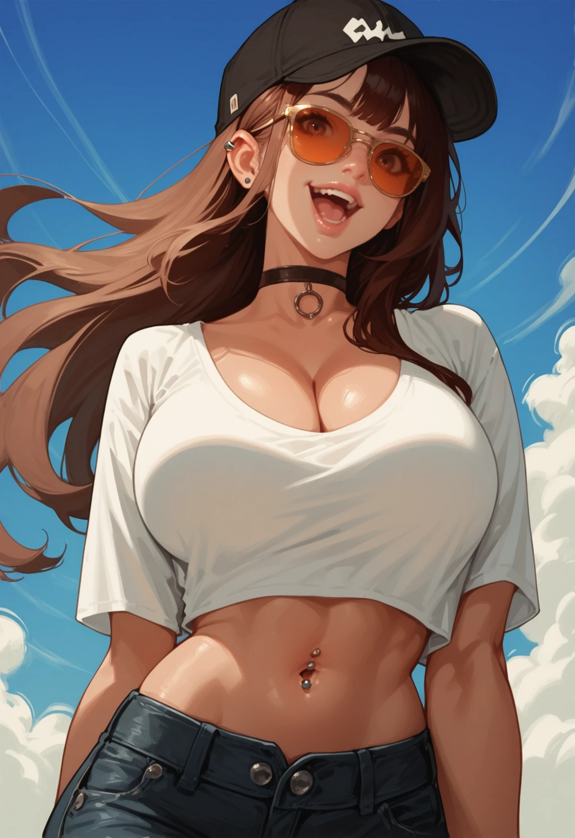 1girl, baseball cap, black hat, blue sky, breasts, brown eyes, brown hair, choker, cleavage, cropped shirt,commentary, hat, large breasts, long hair, looking at viewer, navel, navel piercing, open mouth, piercing, shirt, short sleeves, sidelocks, sky, smile, sunglasses, white shirt
rimixa,, <lora:Ri-MIX_A_Illustriousv-000010:1>, masterwork, masterpiece, best quality, dynamic lighting , dynamic pose,, dynamic angle, lips, nose