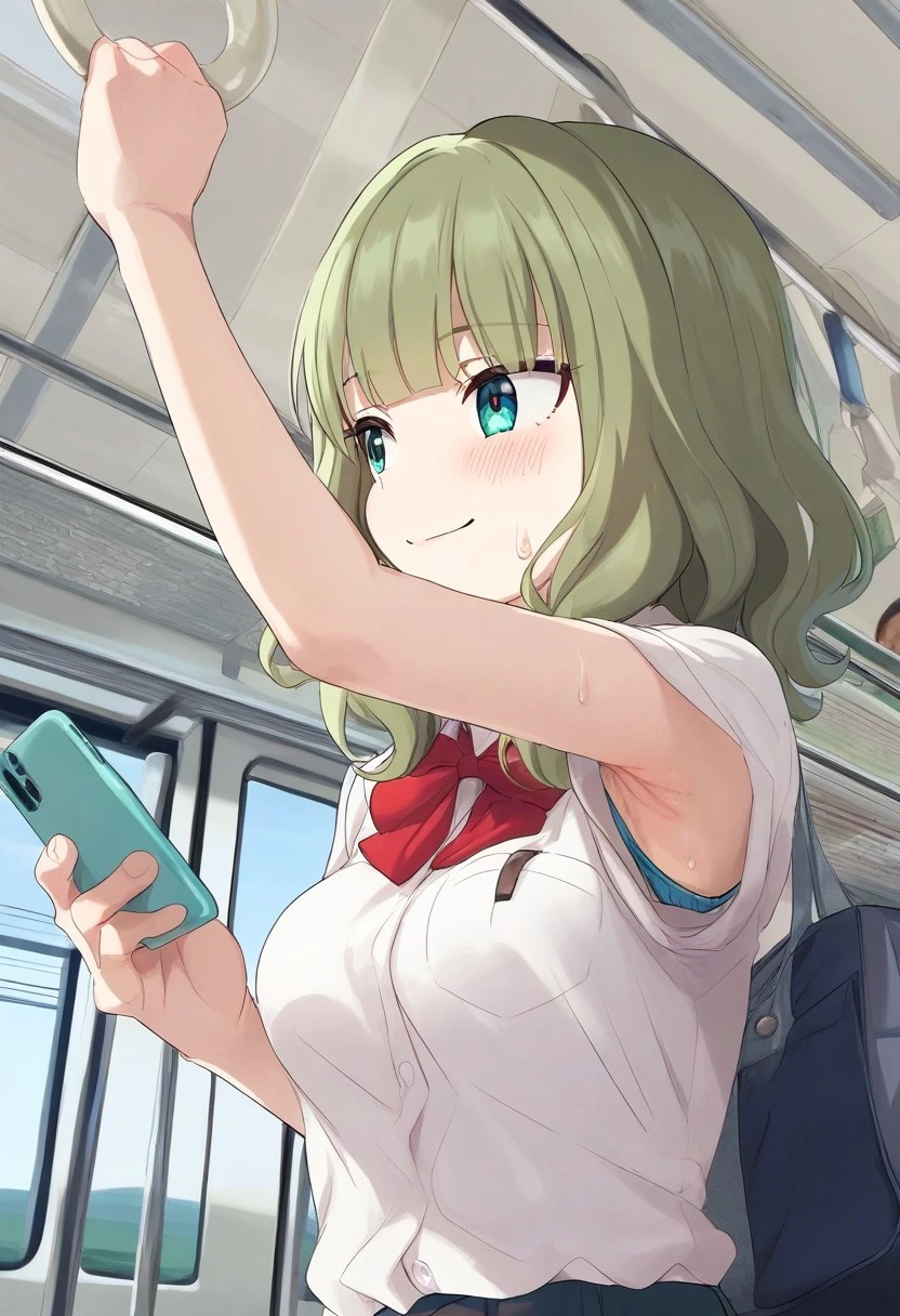 great quality,1girl,solo,green hair,medium hair,wavy hair,aqua eyes,looking away,medium breasts,ENStyle,,(almic,akakura,ogipote,dikko:0.7), (sincos:0.6),,(holding hand grip,hand up,:1.2),,upper body,train interior, train ceiling ,window,standing,white school shirt,short sleeves,red bow,(armpit:0.8),summer,school bag,holding bag,smile,button and pocket shirt,sweat,holding smartphone,holding 
white loop hand grip,arm up, slip blue underwear