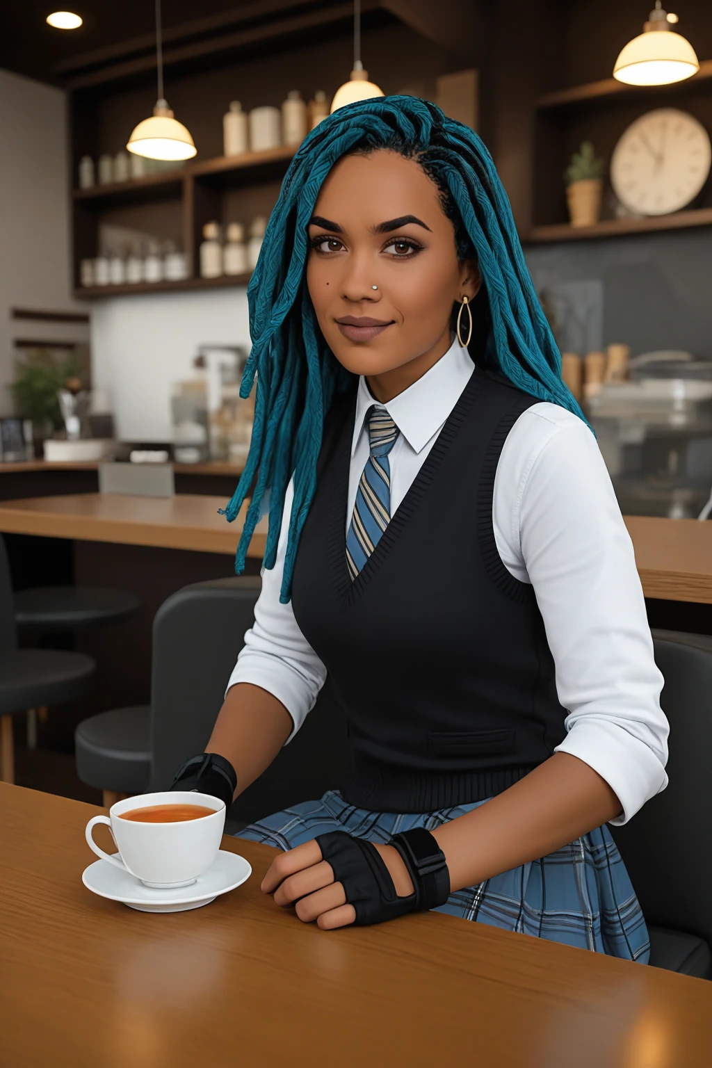 masterpiece, good quality, best quality, very awa, very as2, absurdres, highres, 3d
<lora:Samantha CainiIllustriousLoRA:1>samcain, dark skin, dreadlocks, long hair, nose piercing, collared shirt, vest, earrings, fingerless gloves, pleated skirt, necktie, sitting in a cafe holding a cup of tea, smile