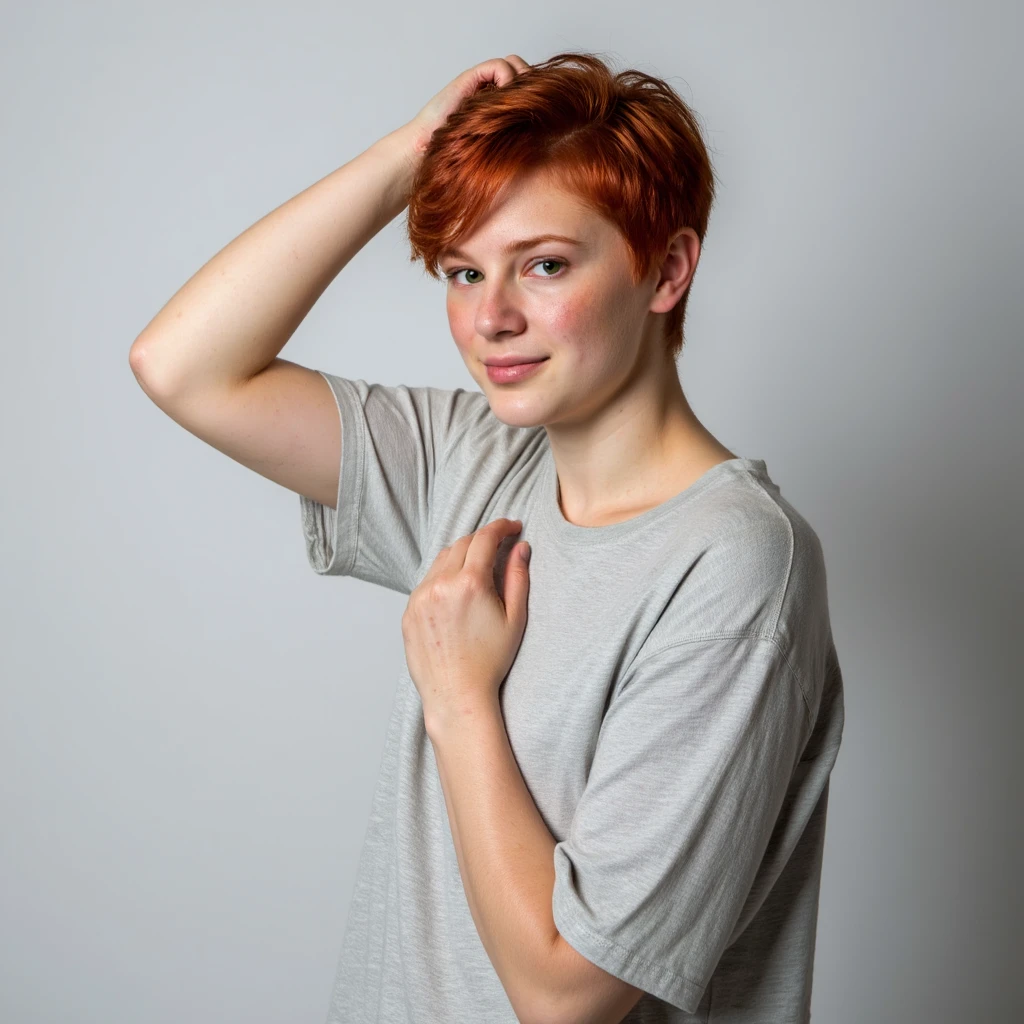 early 2010s snapshot photo captured with a phone and uploaded to facebook, studio portrait with an empty white blank studio background and studio lighting of a young woman with short curly red hair and green eyes and freckles dressed in a casual oversized tshirt. smiling, looking up and away from the viewer. adjusting her hair.