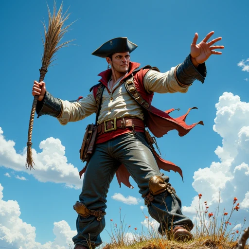 pants, blue sky, earrings, violin, fighting stance, giant, pirate hat, broom, outstretched arms, serious