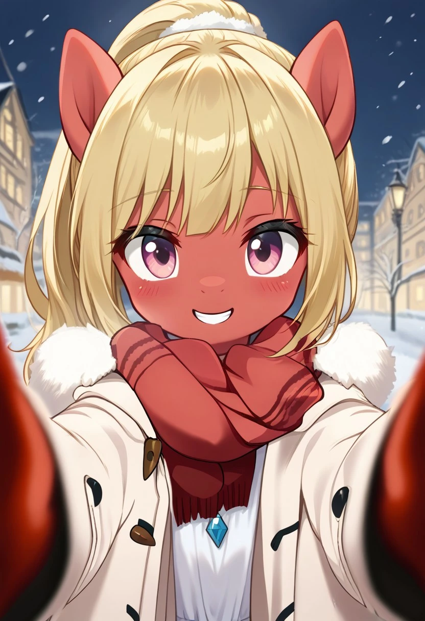 score_9, r0ug3, white dress, necklace, source_pony, ntm, <lora:pov-cheek-warming-ponyxl-lora-nochekaiser:1>, pov cheek warming, pov cheek warming (meme), winter gloves, duffel coat, fur-trimmed scarf, winter clothes, red mittens, meme, winter coat, red scarf, fur-trimmed coat, reaching towards viewer, reaching, mittens, fur-trimmed hood, white coat, open coat, scarf, coat, red gloves, snowing, pov, fur trim, depth of field, smile, blush,