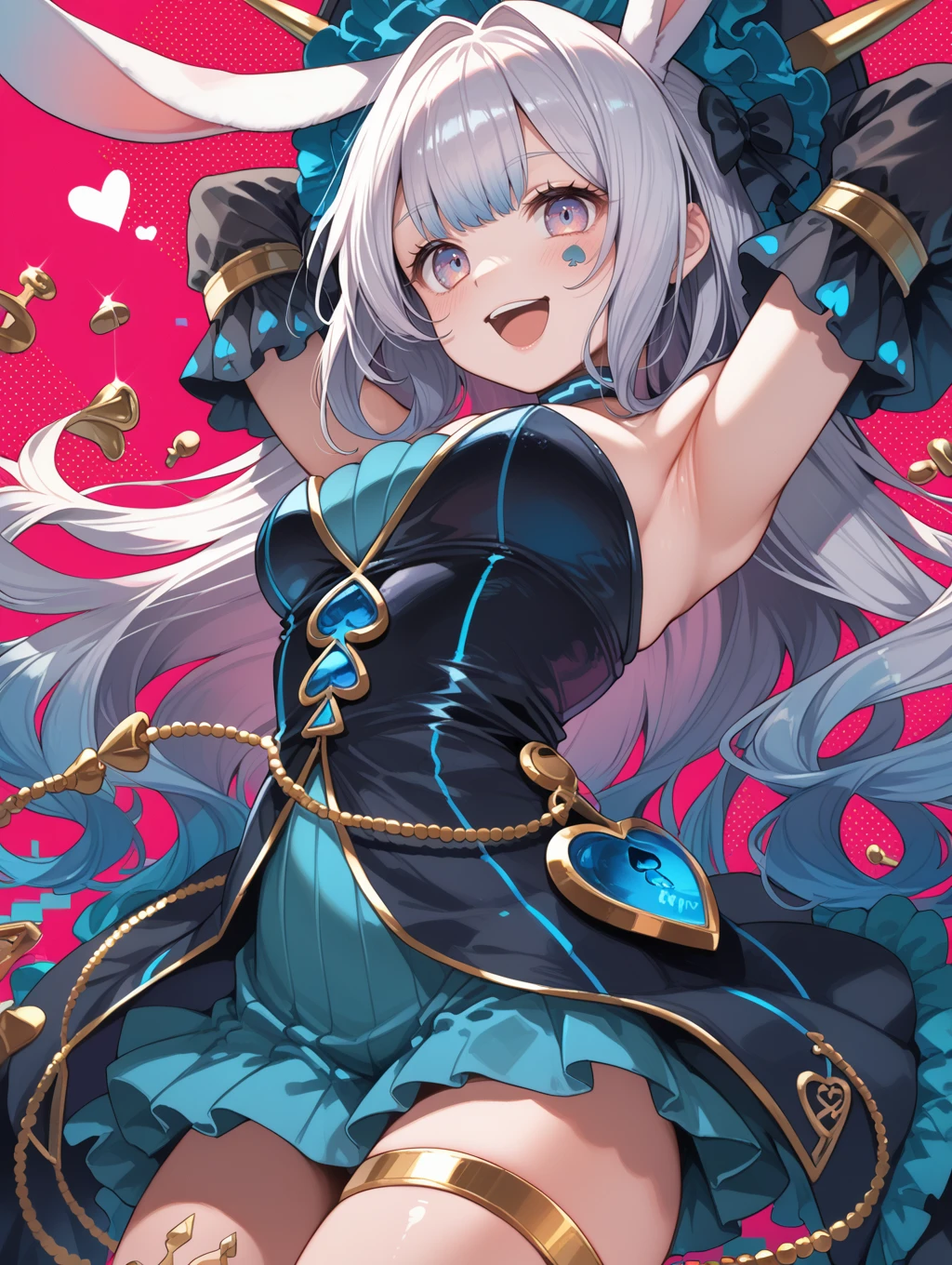 (score_9:0.9),score_8_up,score_7_up,rating_safe,(zPDXL),
1girl, solo, smile, open mouth, looking at viewer, armpits, medium breasts, heart, blush, single gold thighlet, arms up, malice pawn march hare, rabbit ears, black choker, black detached sleeves, black headdress, black strapless dress, blue spades facial mark, gold chain, glitch, pink background,
<lora:MALICE Pawn March Hare ponyXL v1:0.75>,