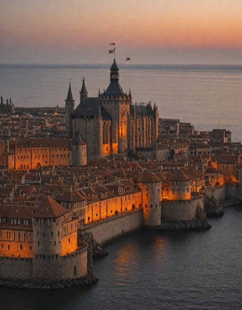<lora:YCO_illus_F1b:1> yco_illus, castle, outside, from far, evening, lights, sea, scenery, town, bridge,