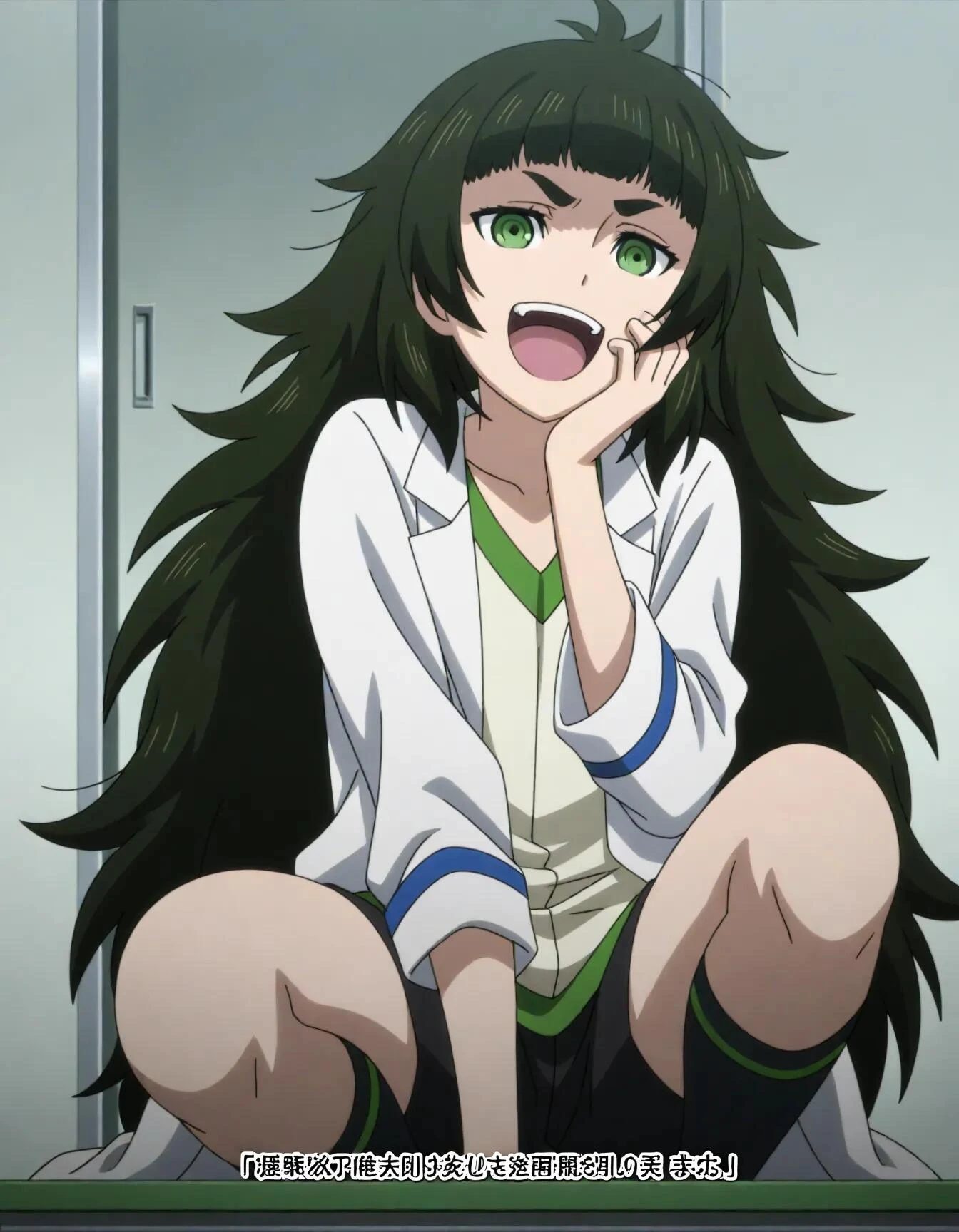 <lora:dmd2_sdxl_4step:1>,masterpiece,best quality,amazing quality,very aesthetic,high resolution,ultra-detailed,absurdres,newest,anime coloring,anime screenshot,official art,<lora:maho:1>,maho,green hair,very long hair,green eyes,thick eyebrows,v-shaped eyebrows,messy hair,short eyebrows,blunt bangs,black shorts,lab coat,kneehighs,laughing,