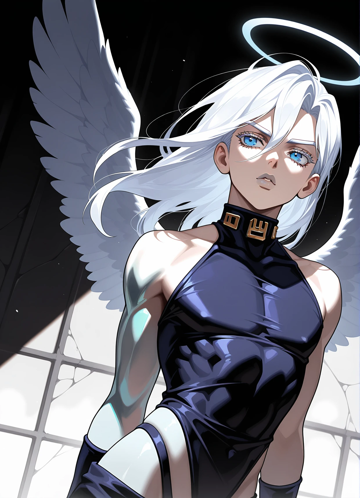 (tough man:1),(muscle;1),(male:2),solo,angel,blue eyes,angel halo,white hair,hair between eyes,hair behind ear,white eyelashes,hair chrome,chrome skin,chrome,white wall stone,glowing,dutch angle,intricate background,ornate background,black and white background,dramatic lighting,high contrast,(jojo:1.5),, masterpiece,best quality,amazing quality,very aesthetic,absurdres,newest,sceneryï¼masterpiece, best quality, amazing quality, very aesthetic, absurdres, newest,