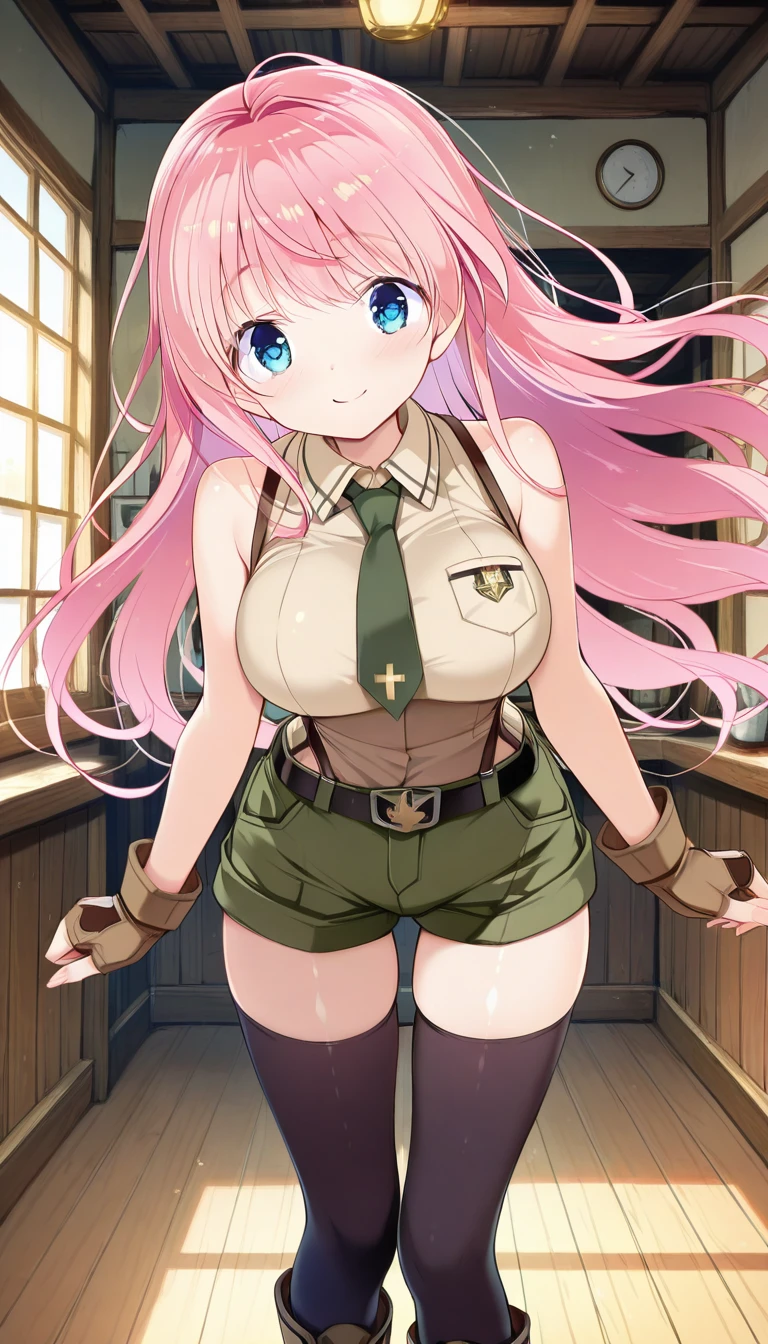 (masterpiece),best quality,amazing quality,very aesthetic,absurdres,newest,perfect body,shiny skin,perfect eyes,detail1eye,well-defined fingers,well-defined fingernails,anime style,indoors,1girl,solo,upper body,(portrait:1.5),looking at viewer,facing viewer,smile,blush,Kimishima Ao style,Novice female,Novice female uniform,very long hair,pink hair,floating hair,bangs,blue eyes,collared shirt,sleeveless shirt,beige shirt,large breasts,dark green necktie,bare arms,fingerless gloves,black belt,suspender shorts,green shorts,short shorts,shorts rolled up,zettai ryouiki,black thighhighs,boots,<lora:TNT-Novice female(tnt)-Illus:1.4>,<lora:Kimishima Ao[style]-Illus:1.4>,