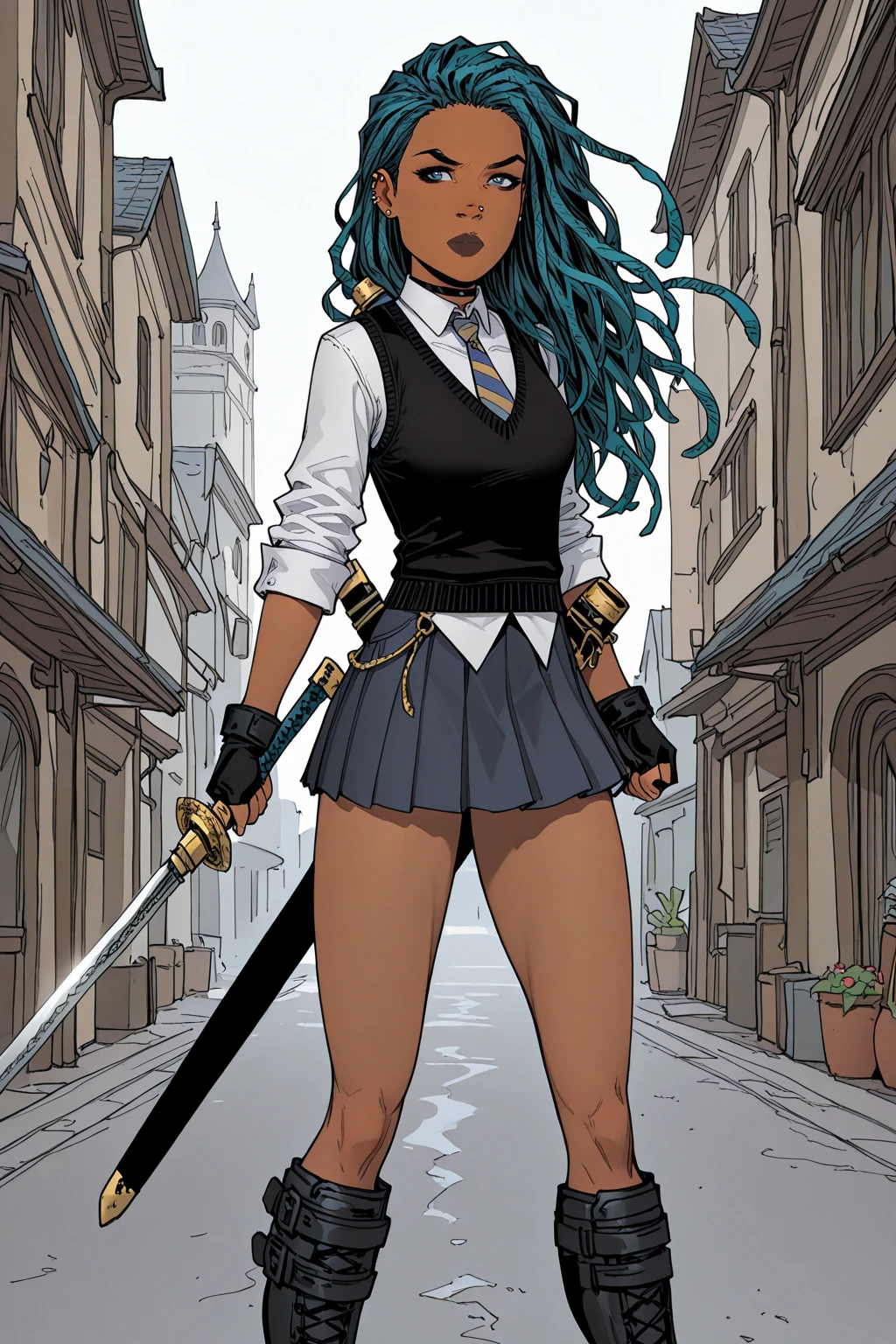 masterpiece, good quality, best quality, very awa, very as2, absurdres, highres, cute girl
<lora:Samantha CainiIllustriousLoRA:1>samcain, dark skin, dreadlocks, long hair, nose piercing, collared shirt, vest, earrings, fingerless gloves, pleated skirt, necktie, knee boots, ear piercing, choker,
sword sheath, holding sword, outdoors
<lora:Michael Turner Marc SylvestriStyleIlluLYCO:1.2> mtms