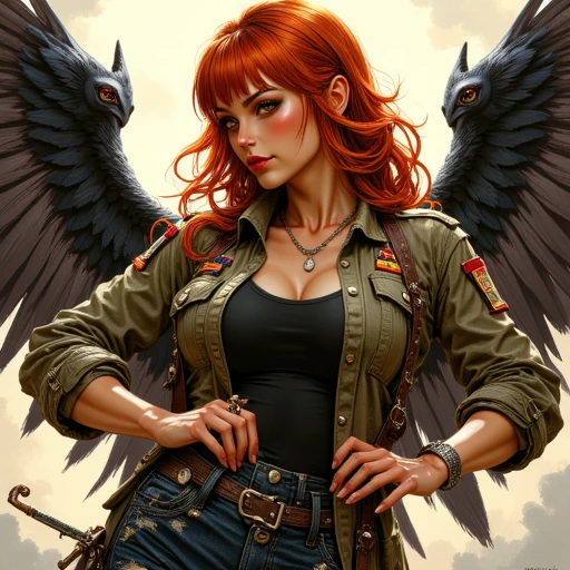 playing instrument, bangs, military uniform, red hair, oversized animal, pantyhose, orange hair, jeans, crow, leotard