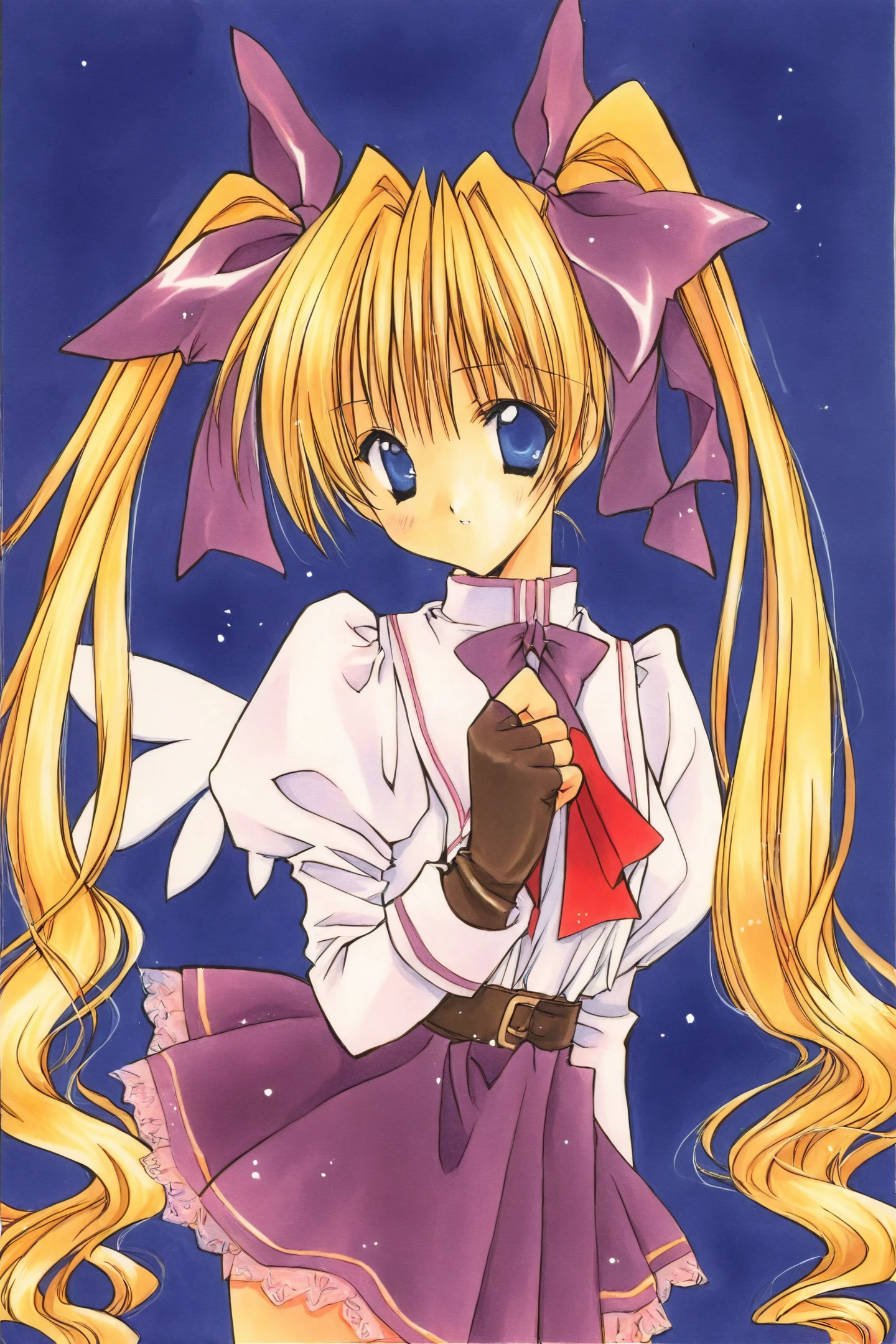 1girl,solo,twintails,blonde hair,blue eyes,long hair,ribbon,wings,gloves,hair ribbon,skirt,long sleeves,blue background,traditional media,
<lora:Aoi Nanase_illustriousXL:0.8>,