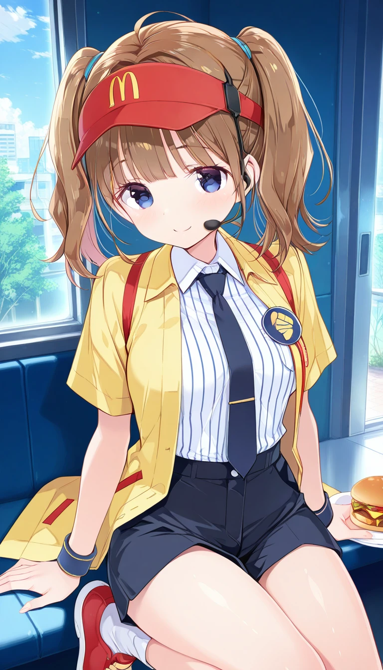 (masterpiece),best quality,amazing quality,very aesthetic,absurdres,newest,perfect body,shiny skin,perfect eyes,detail1eye,well-defined fingers,well-defined fingernails,anime style,indoors,1girl,solo,upper body,(portrait:1.5),looking at viewer,facing viewer,smile,blush,Kimishima Ao style,Double Cheese,ahoge,headset,visor cap,red headwear,long hair,brown hair,short twintails,blunt bangs,black eyes,employee uniform,yellow jacket,open jacket,black necktie,collared shirt,white shirt,vertical-striped shirt,badge,short sleeves,wristband,holding food,hamburger,medium breasts,shirt tucked in,black shorts,short shorts,thighs,white socks,sneakers,<lora:Double Cheese(mcdonald's)-Illus:1.6>,<lora:Kimishima Ao[style]-Illus:1.6>,