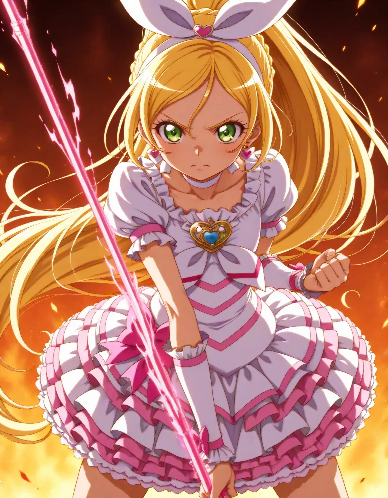 1girl,<lora:dmd2_sdxl_4step:1>,<lora:cure_rhythm_V1:1>,cure rhythm,solo,blonde hair,ponytail,very long hair,braid,eyelashes,green eyes,white dress,puffy short sleeves,frilled sleeves,white choker,ribbon choker,brooch,white neckwear,heart earrings,hair bow,white bow,white hairband,wrist cuffs,arm warmers,hair ornament,pink bow,white skirt,frilled skirt,layered skirt,official style,masterpiece,best quality,newest,absurdres,highres,very awa,Anime,anime coloring,anime screencap,abstract_background,angry,fighting_stance,stylish_pose,burning,holding_spear,arm_above_head,