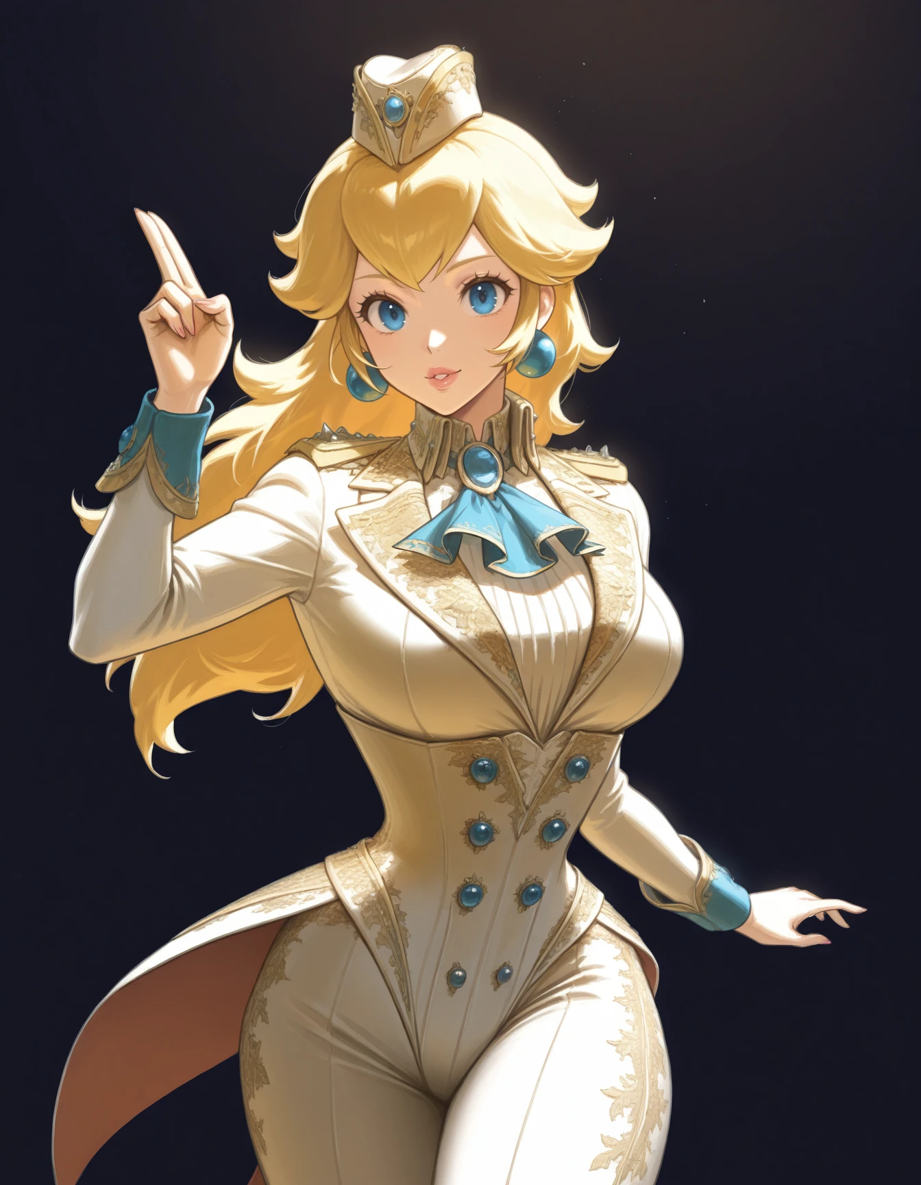 1girl, solo, princess peach, c0rs3t, corset, double-breasted vest, ascot, epaulettes, jodhpurs, cowboy shot, studs, mature female, ornate clothing, gold filagree, peplum, gold trim, gold patterned clothing, white blouse, high collar, <lora:BaroqueUniformCorset-ILXL2025-02-10_18-43-17-save-171-57-0:0.9> garrison cap, two-finger salute, <lora:Style_soph-5E-FantasyPortrait-ILXL:0.9> 5ephb, fantasy illustration, action shot, tailcoat, masterpiece, best quality, very aesthetic, newest