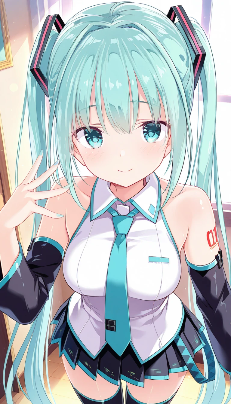 (masterpiece),best quality,amazing quality,very aesthetic,absurdres,newest,perfect body,shiny skin,perfect eyes,detail1eye,well-defined fingers,well-defined fingernails,anime style,indoors,1girl,solo,upper body,(portrait:1.5),looking at viewer,facing viewer,smile,blush,Kimishima Ao style,hatsune miku,absurdly long hair,aqua hair,twintails,hair ornament,sidelocks,hair between eyes,parted bangs,aqua eyes,white shirt,collared shirt,bare shoulders,sleeveless shirt,aqua necktie,detached sleeves,black sleeves,shoulder tattoo,fringe,black thighhighs,miniskirt,pleated skirt,zettai ryouiki,thigh boots,<lora:Hatsune Miku(voc)-Illus-Remake:1.6>,<lora:Kimishima Ao[style]-Illus:1.6>,